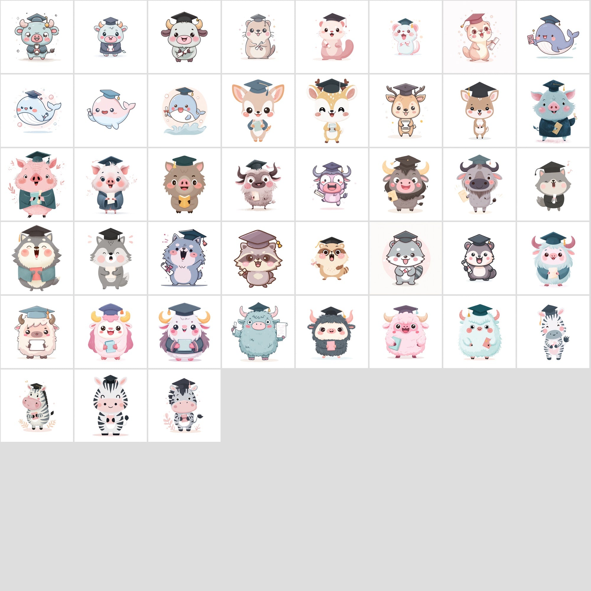 610 Kawaii Graduation Animal Clipart – High-Res JPGs | Commercial Use