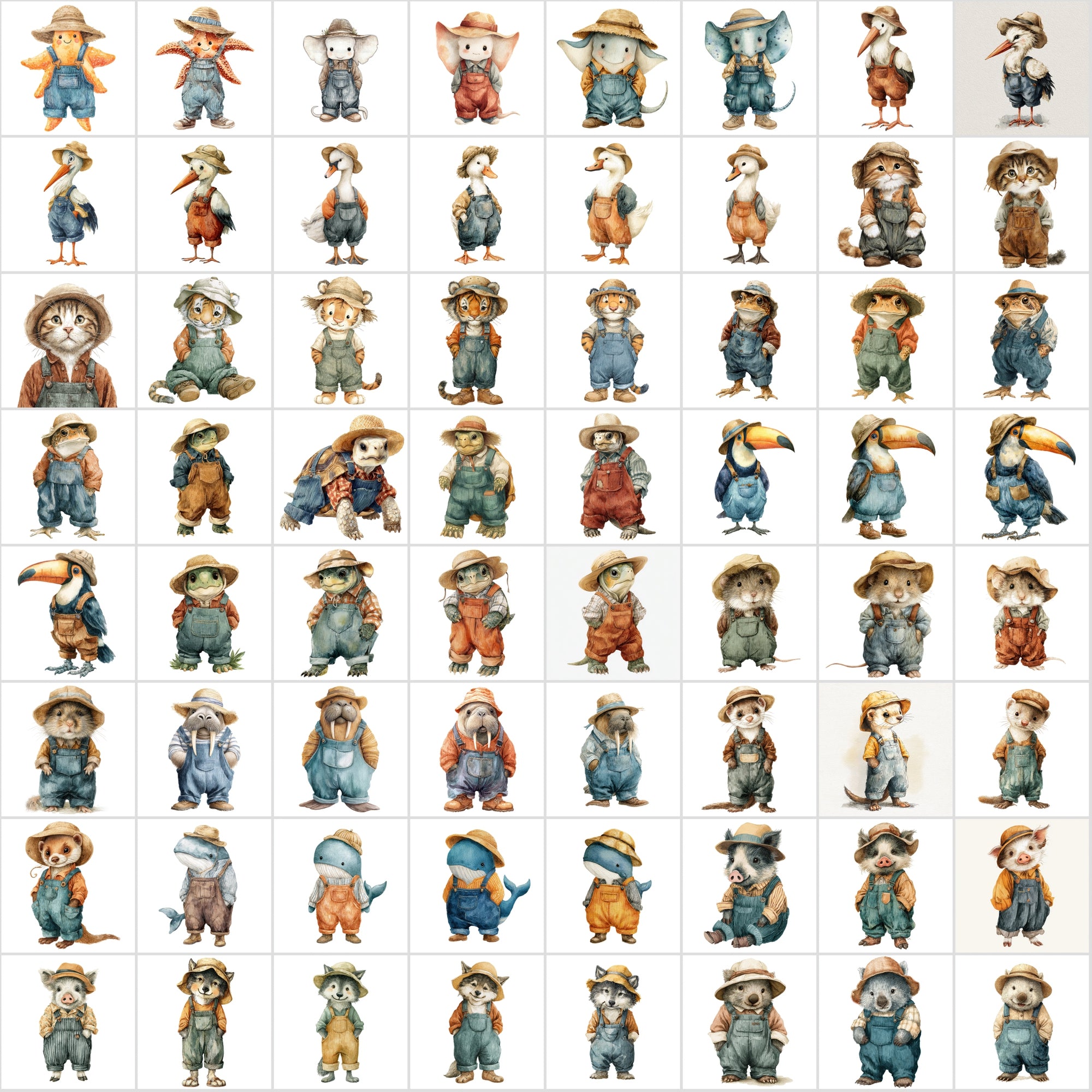 650 Cute Watercolor Animal Clipart – Adorable Animals in Corduroy Overalls & Hats