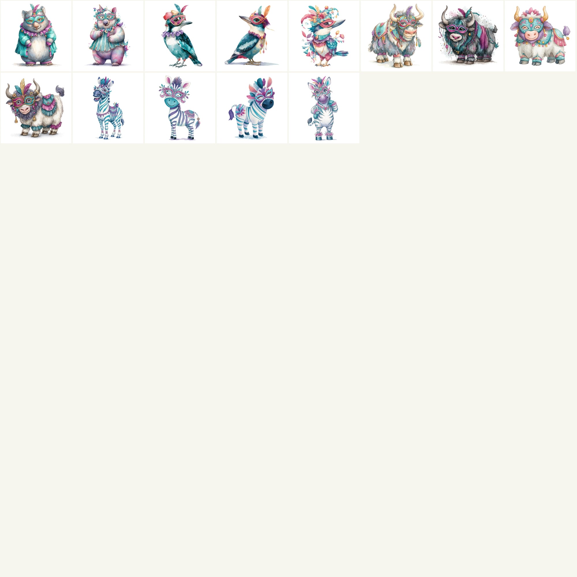 589 Festive Masquerade Animal Clipart – High-Res Watercolor JPGs with Commercial License