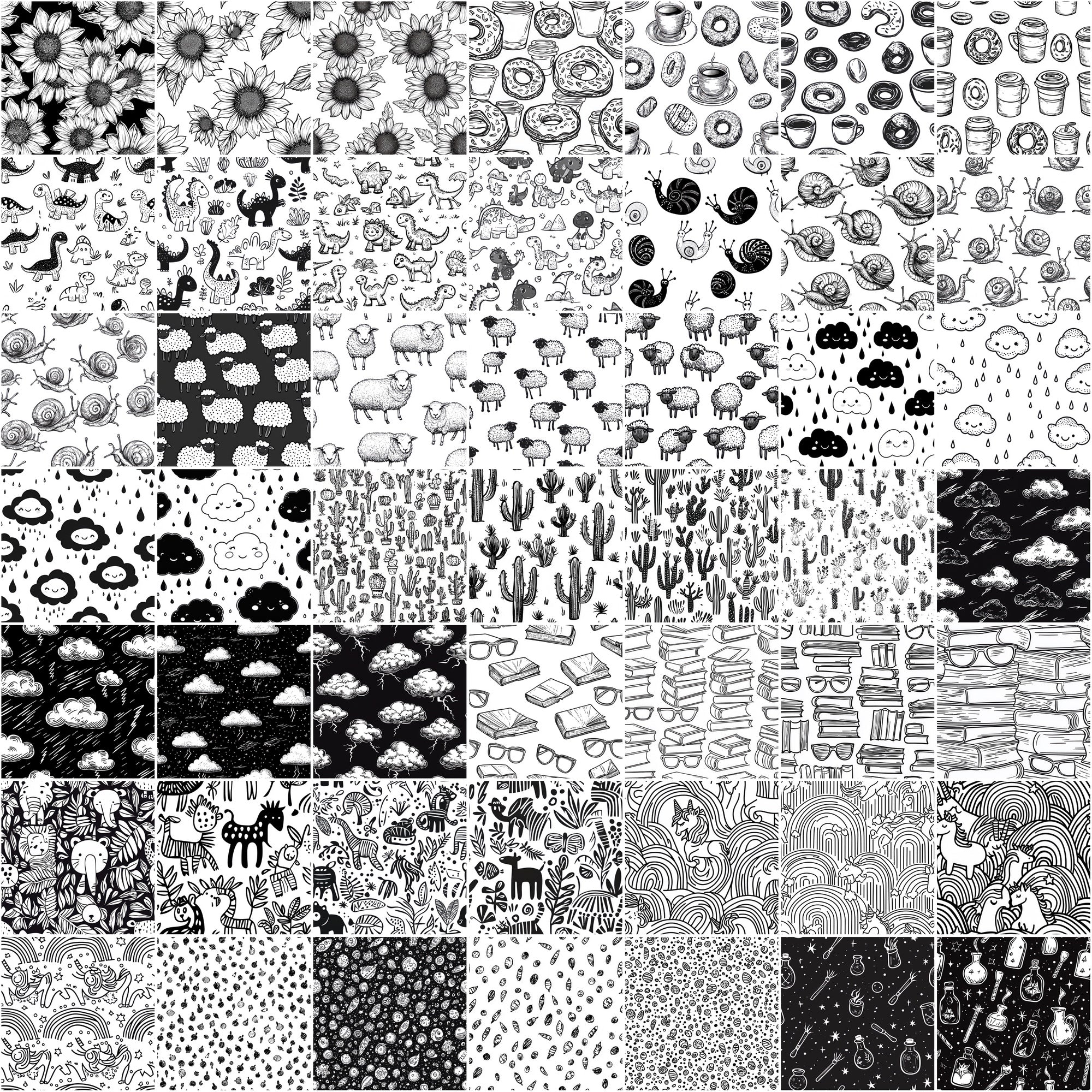 555 Black & White Seamless Patterns | Hand-Drawn Doodles, Geometric & Cute Designs