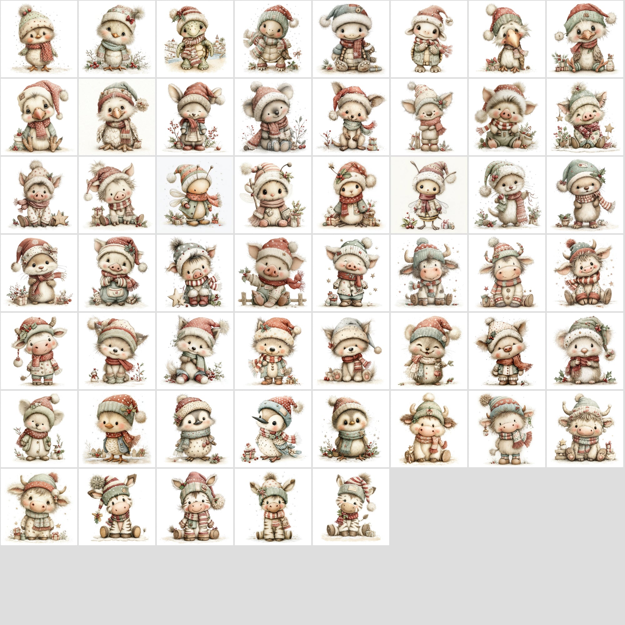 630 Baby Christmas Animal Clipart – Cute Winter Wildlife with Santa Hats & Scarves, Holiday Baby Animals, High-Resolution JPGs