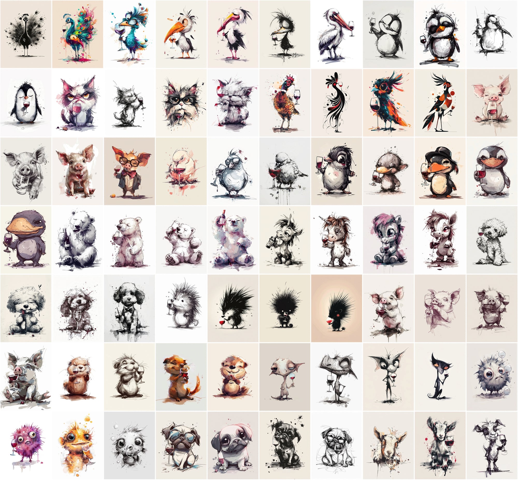 980 Unique Animal Wine Art Images | Commercial Use | Perfect for Postcards & Party Decor
