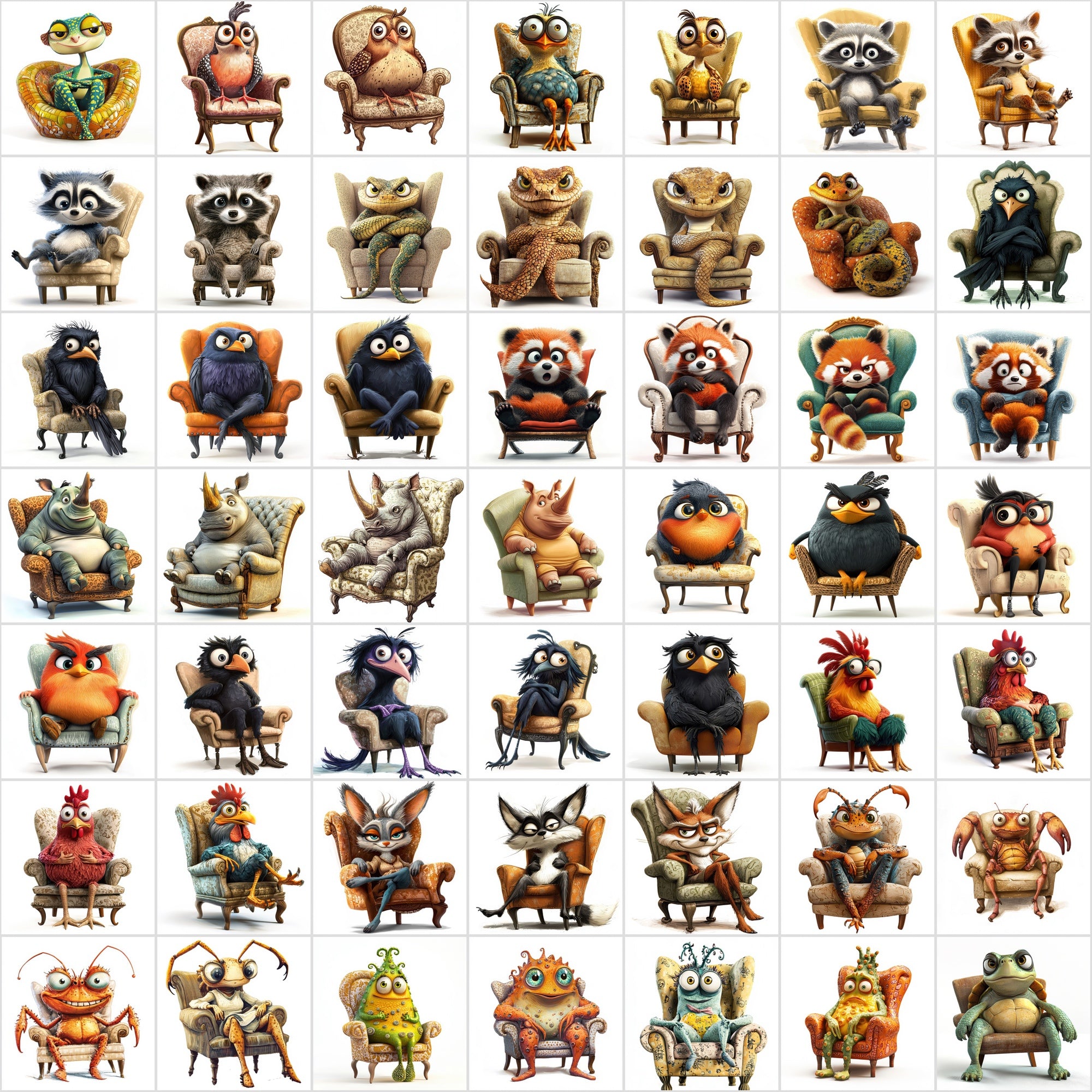 600 Fun Animal Illustrations Sitting on Armchairs