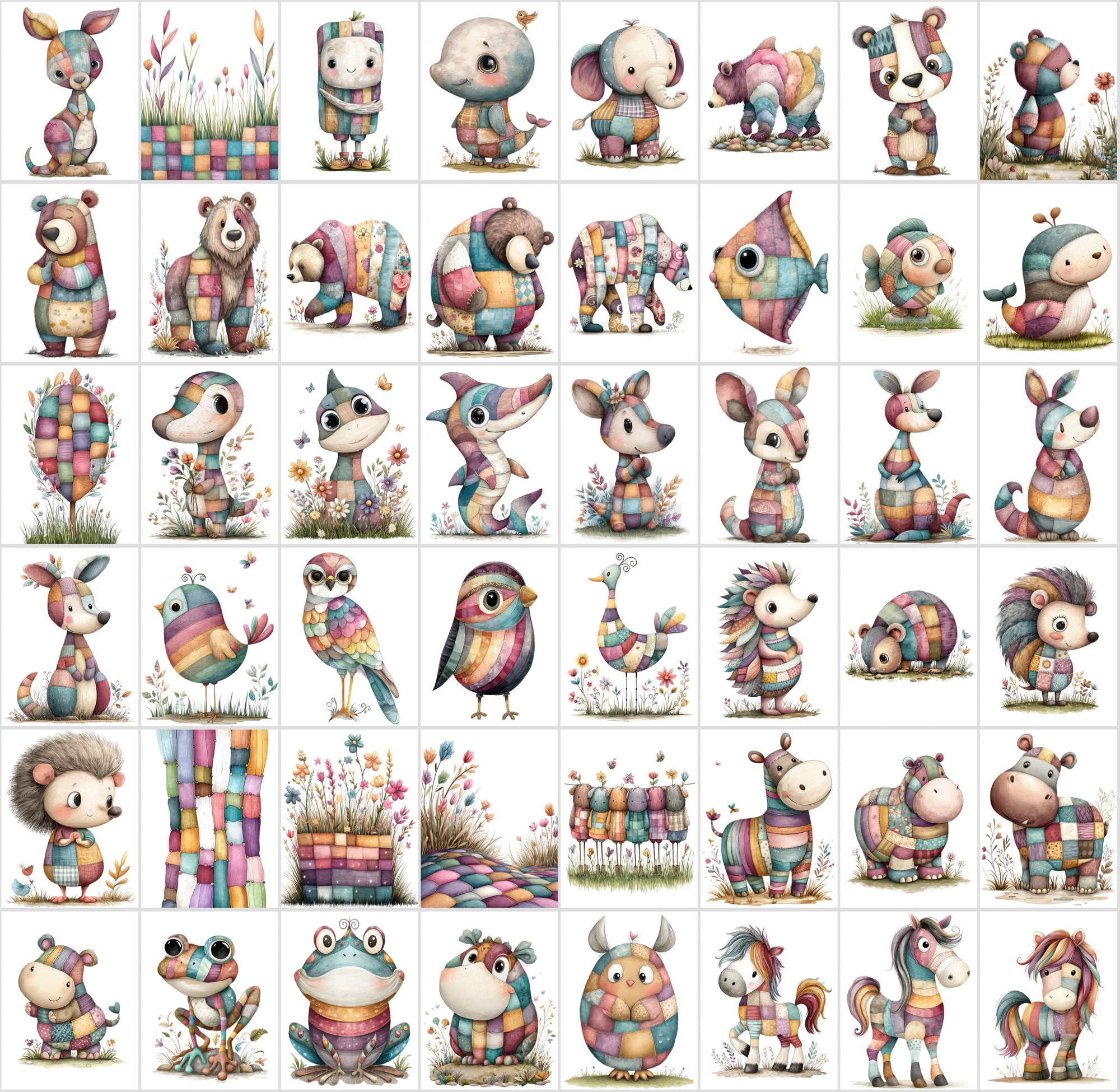 1090 Patchwork Animal Clipart Bundle – Cute Kids Book Style Animals