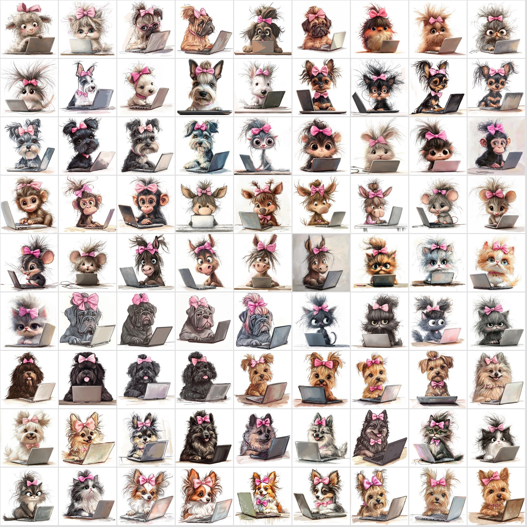 1150 Funny Hairy Animals with Pink Bows Working on Laptops