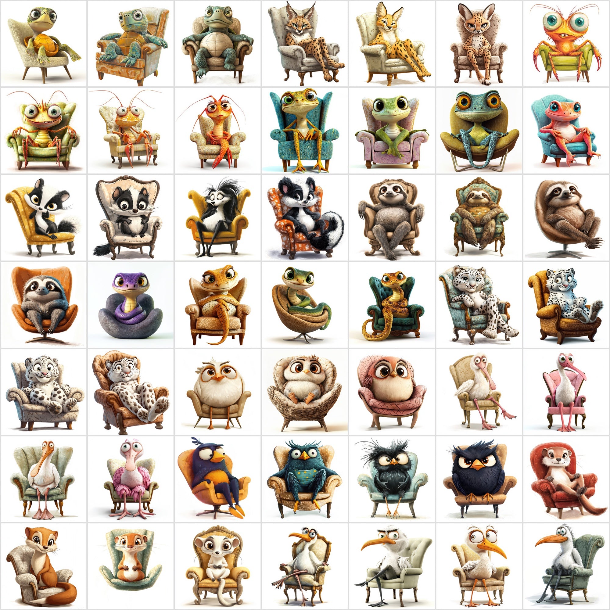 600 Fun Animal Illustrations Sitting on Armchairs