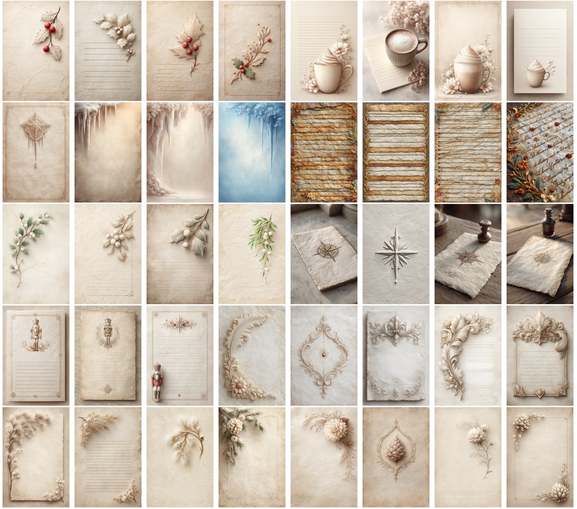 590 Vintage Christmas Parchment Pages | Lined Stationery, Antique Paper, JPG, Commercial Use