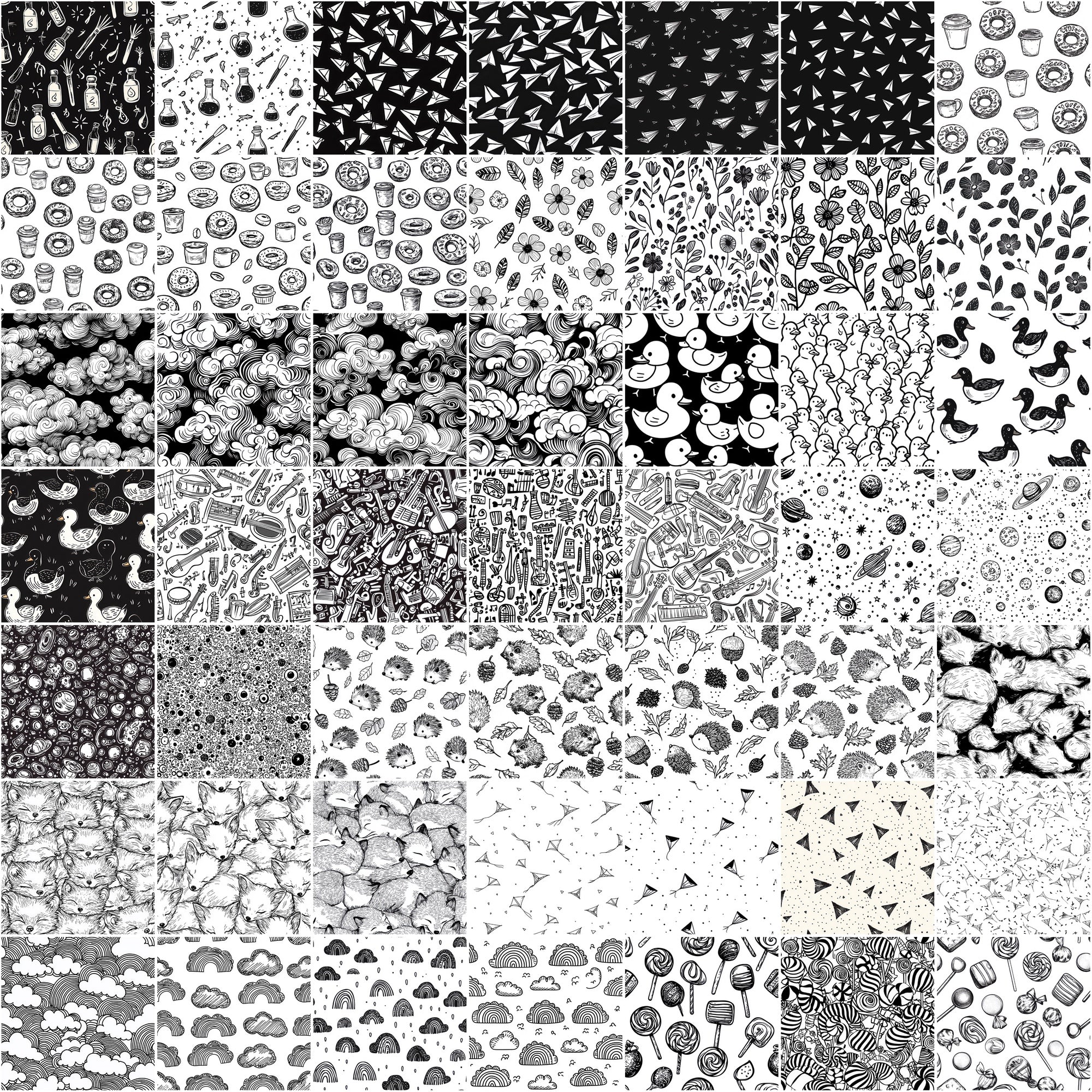 555 Black & White Seamless Patterns | Hand-Drawn Doodles, Geometric & Cute Designs