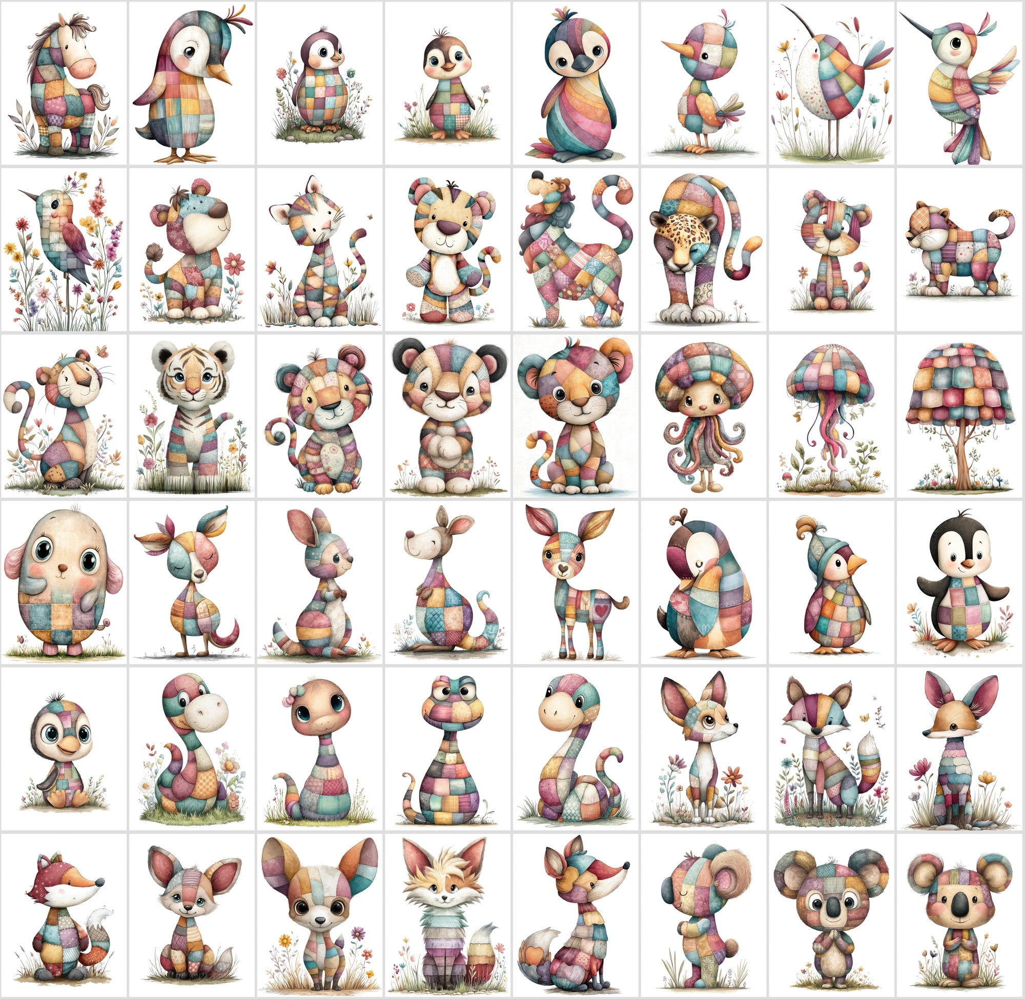 1090 Patchwork Animal Clipart Bundle – Cute Kids Book Style Animals