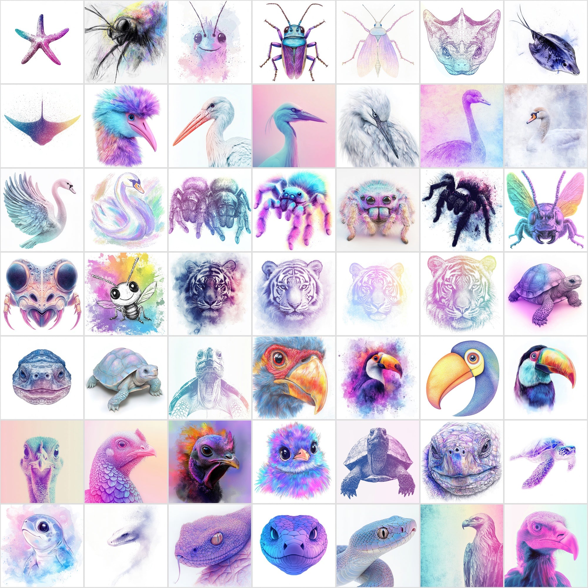 560 Dreamy Animal Face Illustrations Bundle | Charcoal Art with Pastel Backgrounds