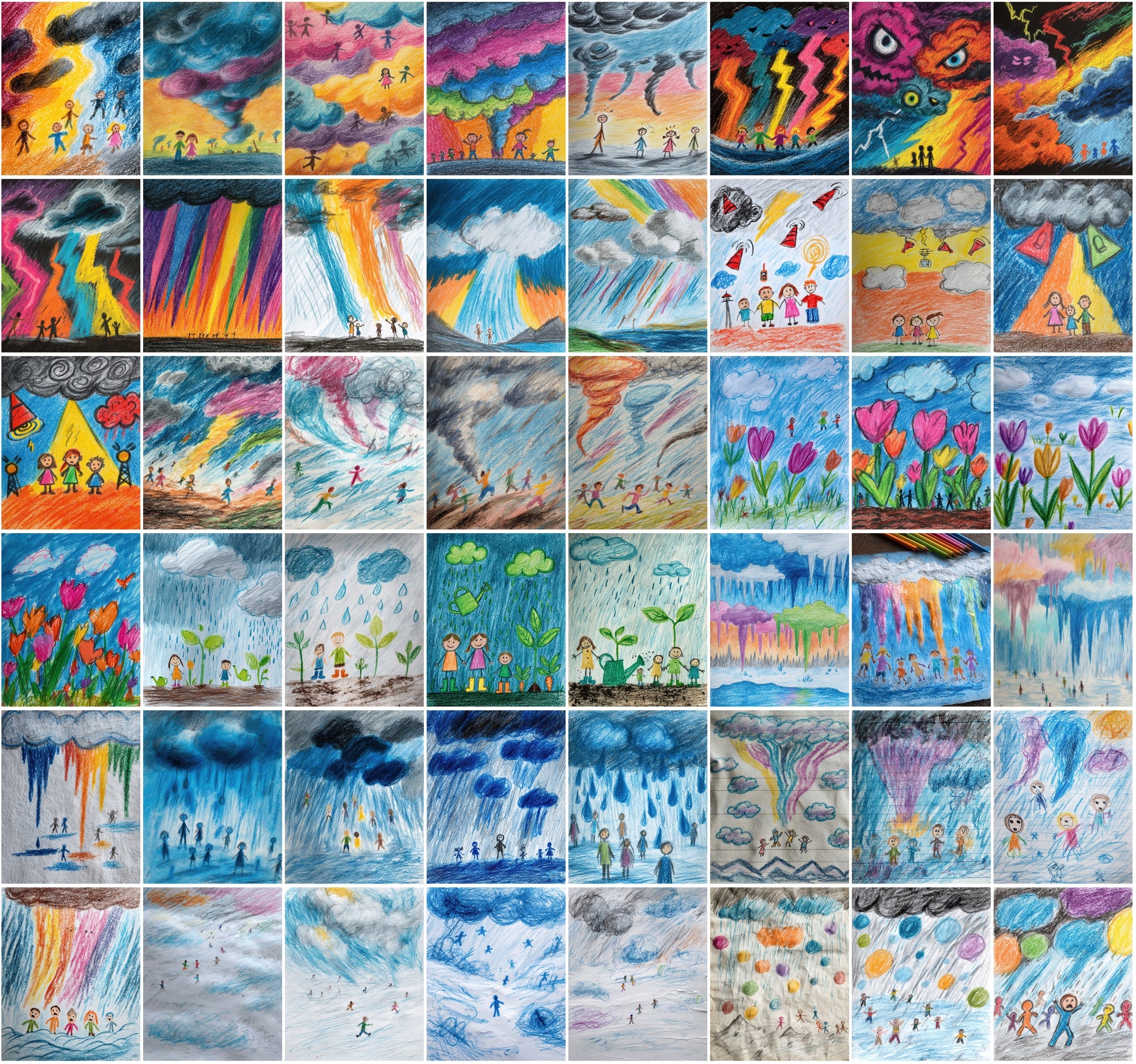 560 Kids Crayon Drawing Illustrations – Whimsical Weather-Themed JPG Art with Commercial License