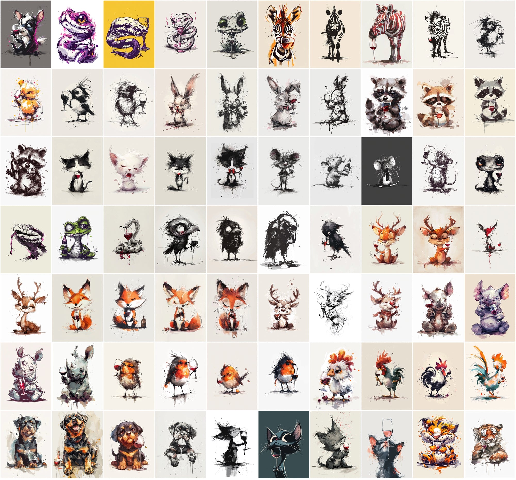 980 Unique Animal Wine Art Images | Commercial Use | Perfect for Postcards & Party Decor