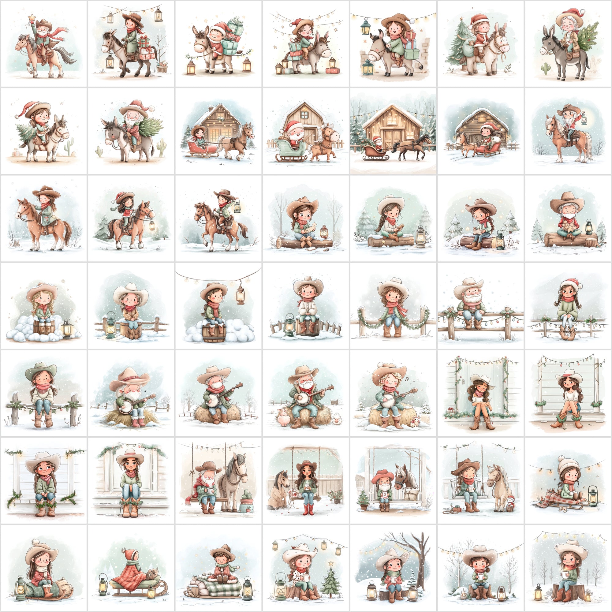 600 Winter Cowboy Christmas Images – Cozy Western Holiday Art, Santa & Cowgirl Scenes, Rustic Ranch Aesthetic, Commercial Use JPG