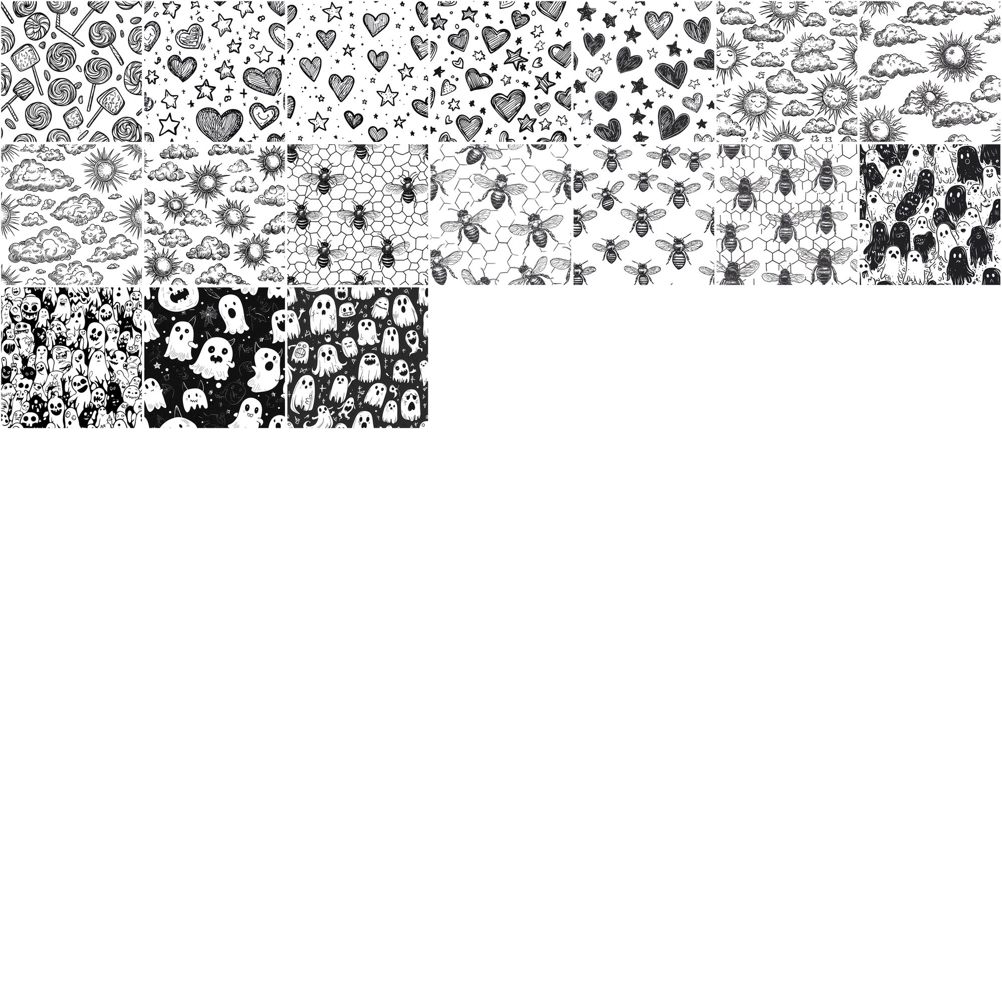 555 Black & White Seamless Patterns | Hand-Drawn Doodles, Geometric & Cute Designs