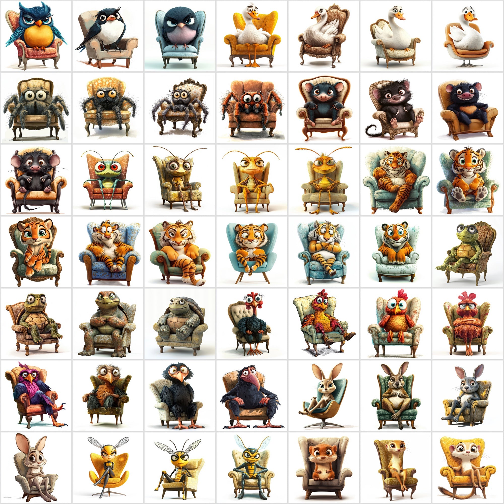 600 Fun Animal Illustrations Sitting on Armchairs