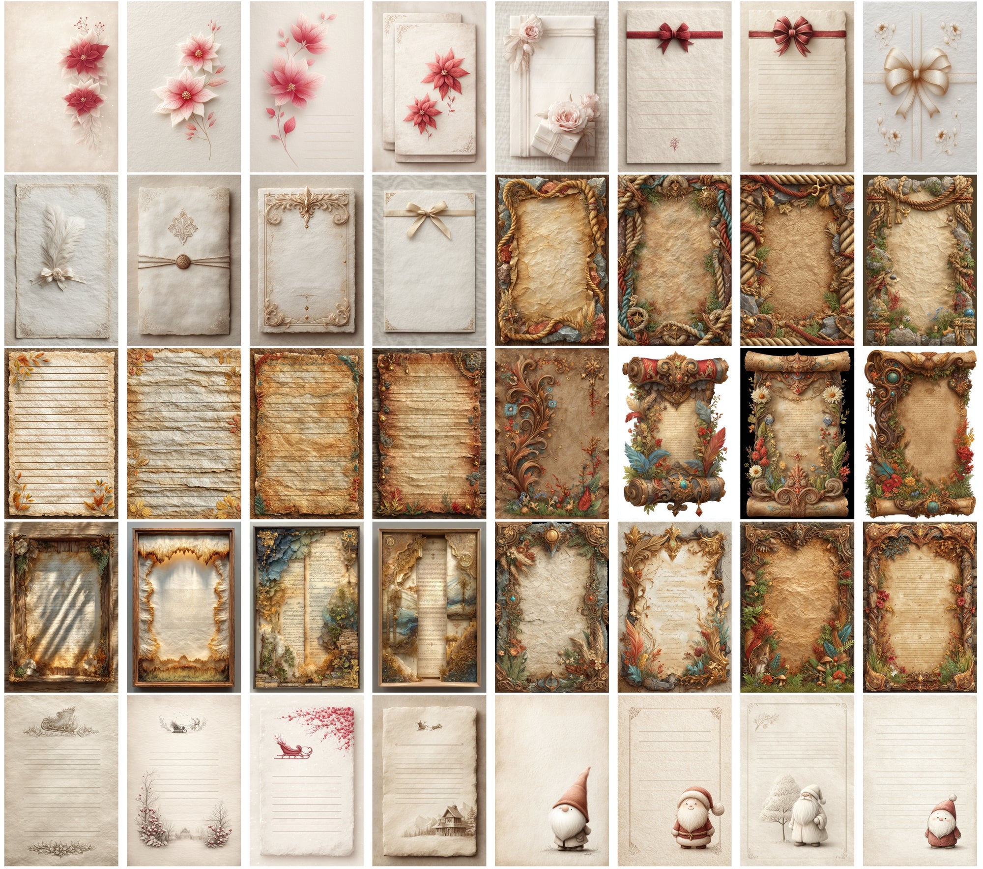 590 Vintage Christmas Parchment Pages | Lined Stationery, Antique Paper, JPG, Commercial Use