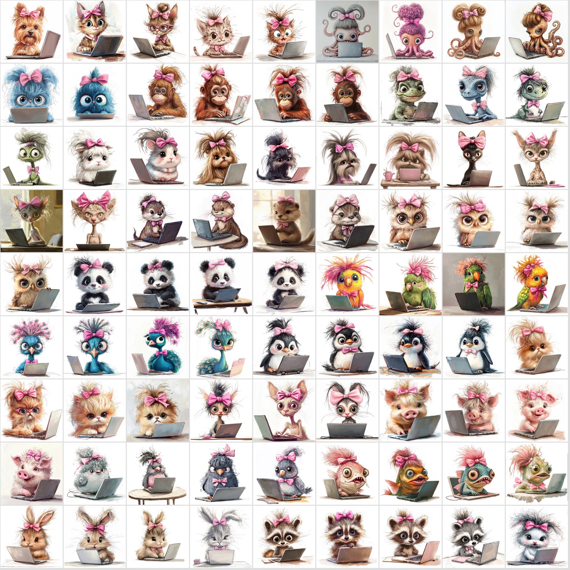 1150 Funny Hairy Animals with Pink Bows Working on Laptops