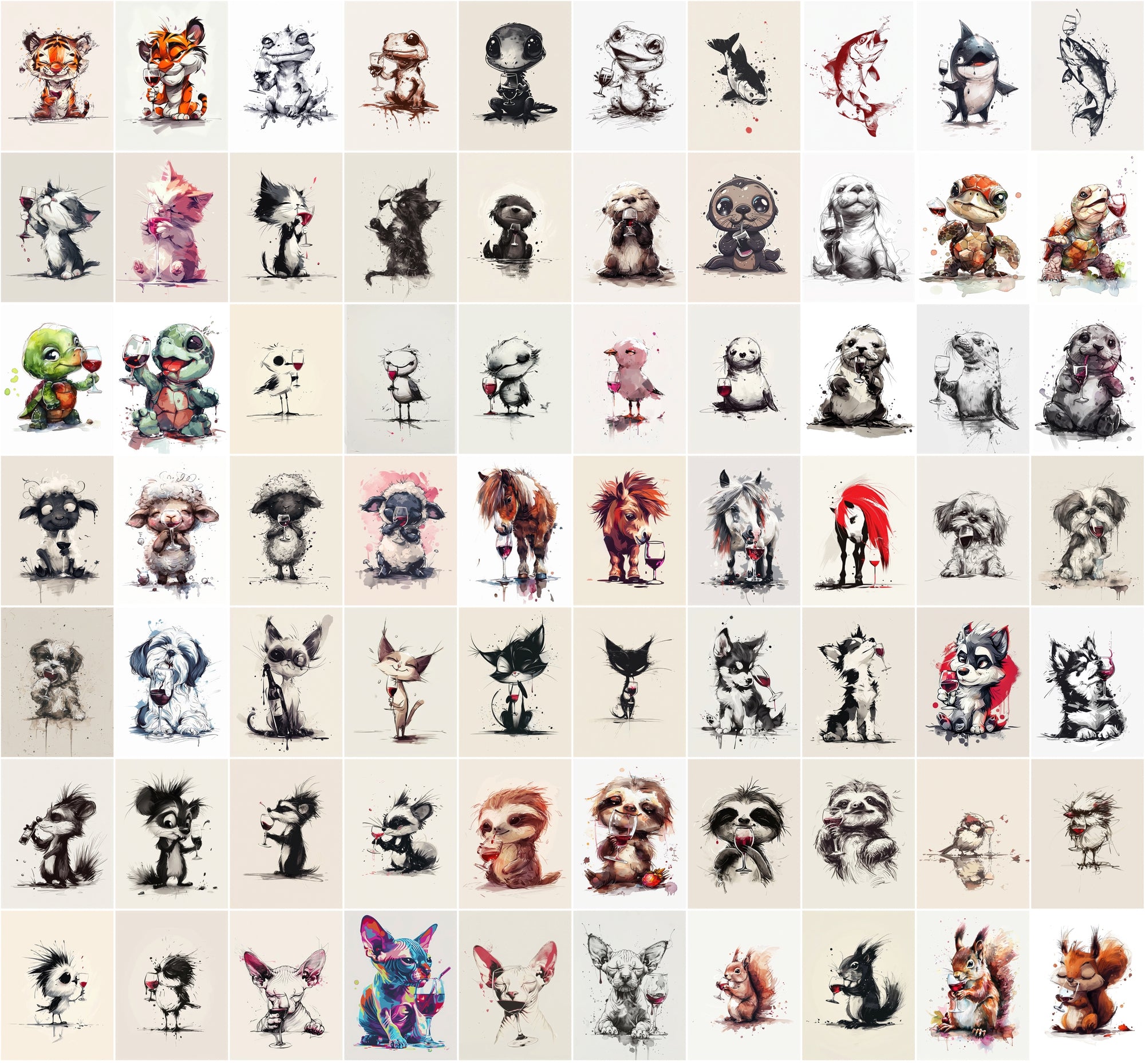 980 Unique Animal Wine Art Images | Commercial Use | Perfect for Postcards & Party Decor