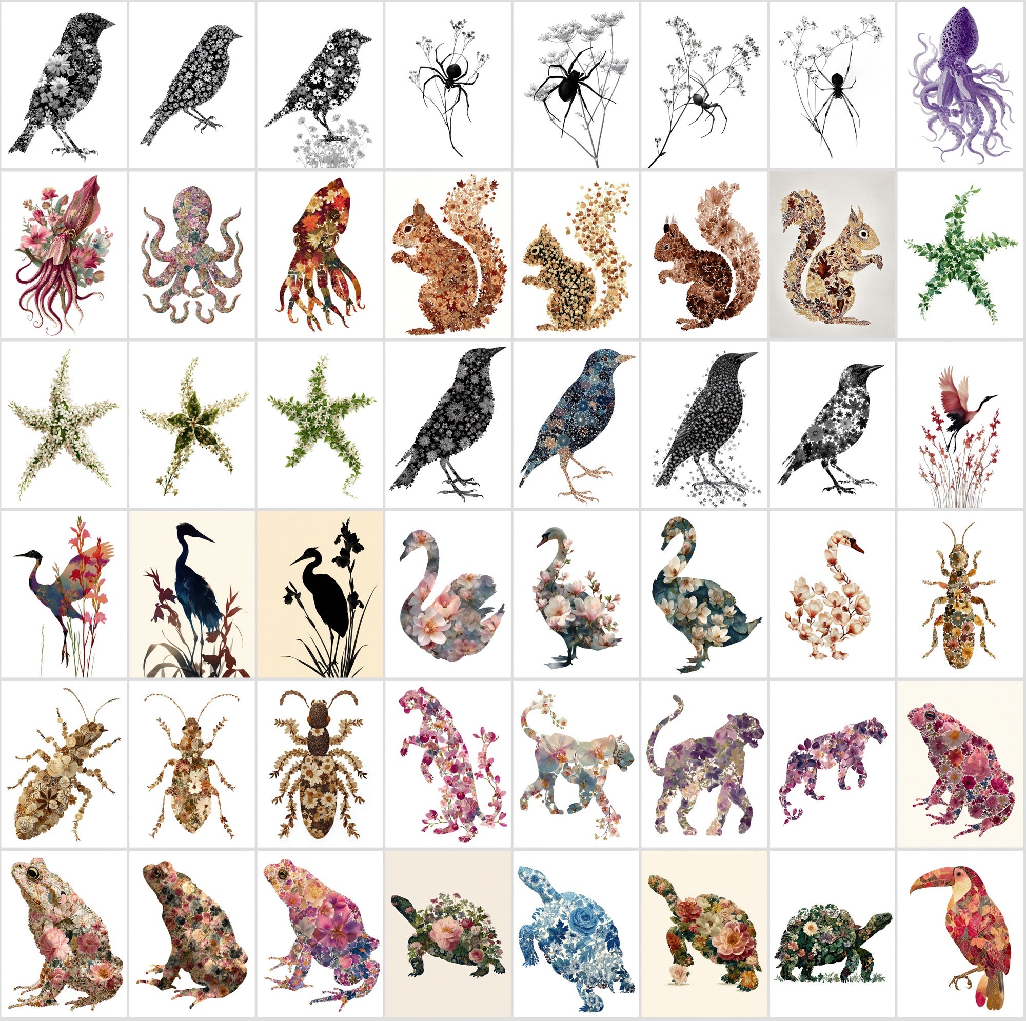 610 Floral Animal Silhouette Images – Vintage Flower Art, Commercial License