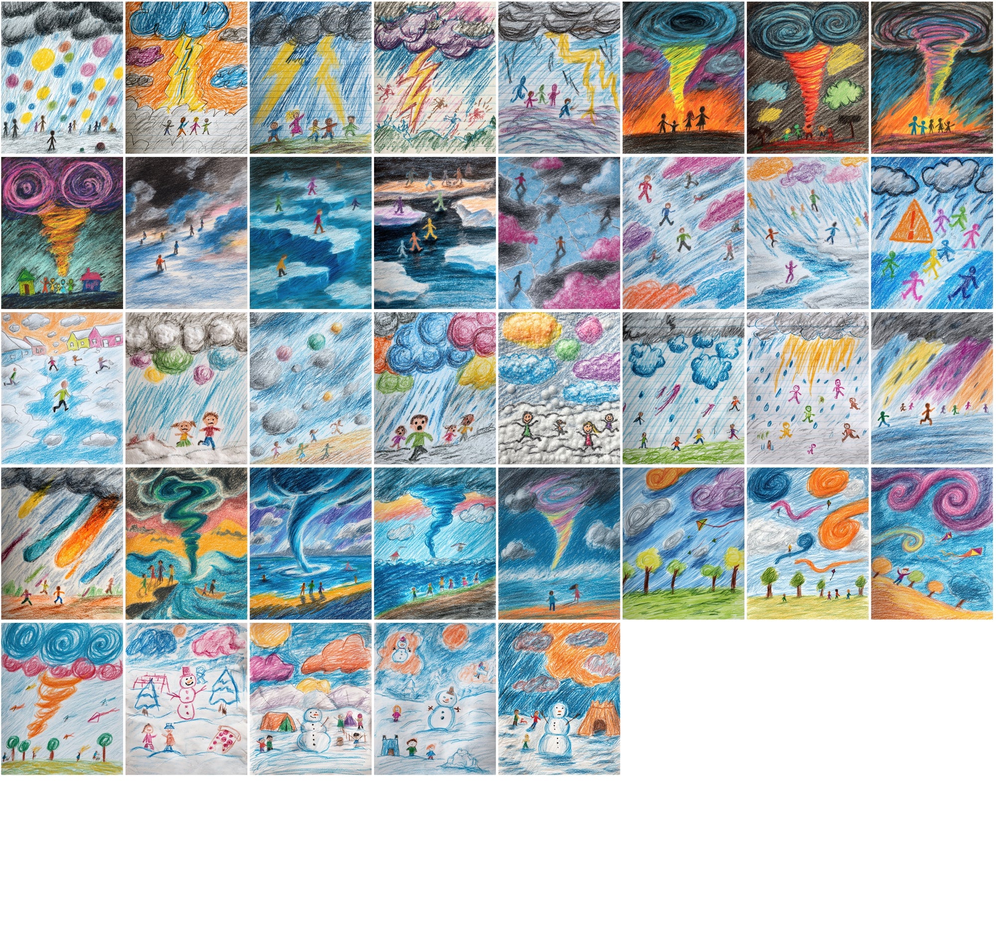 560 Kids Crayon Drawing Illustrations – Whimsical Weather-Themed JPG Art with Commercial License