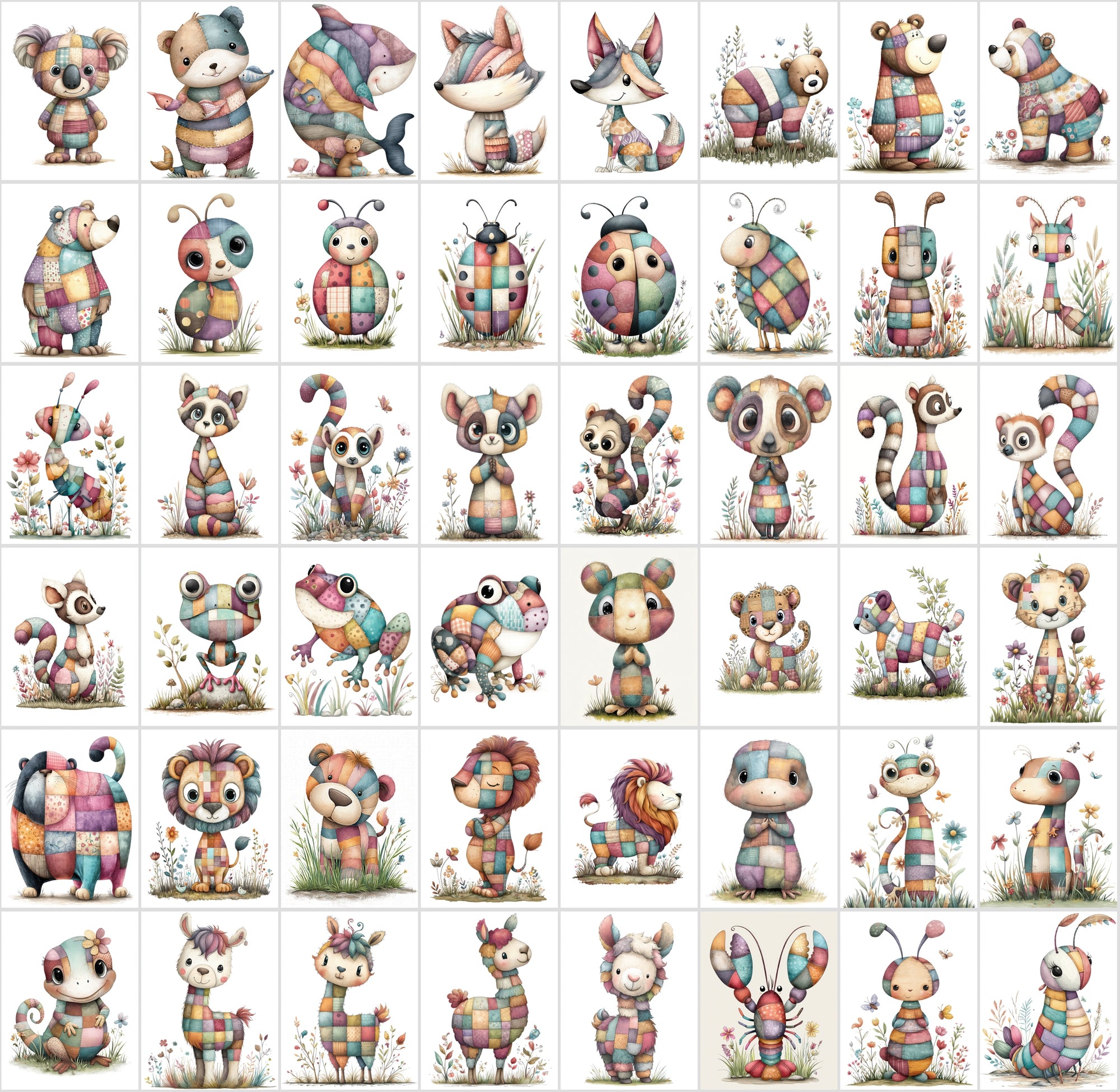 1090 Patchwork Animal Clipart Bundle – Cute Kids Book Style Animals