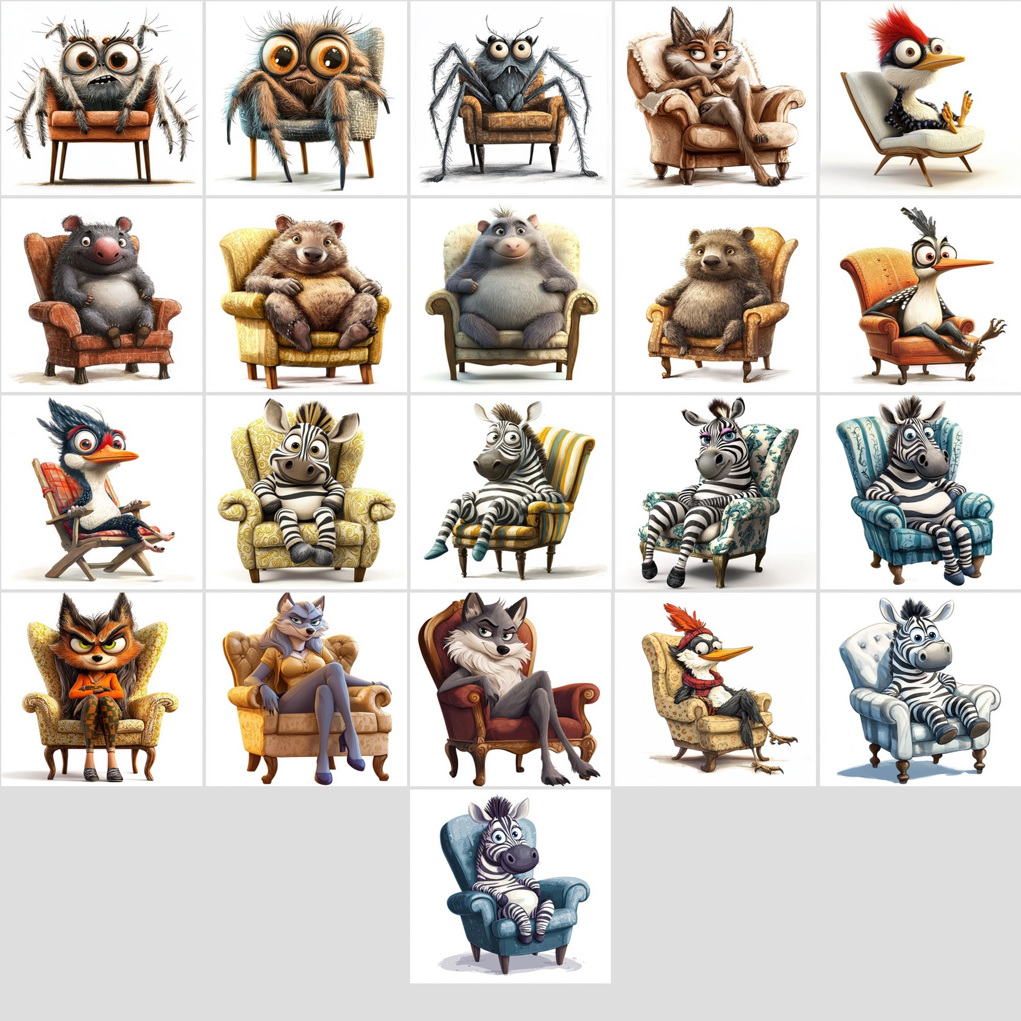 600 Fun Animal Illustrations Sitting on Armchairs