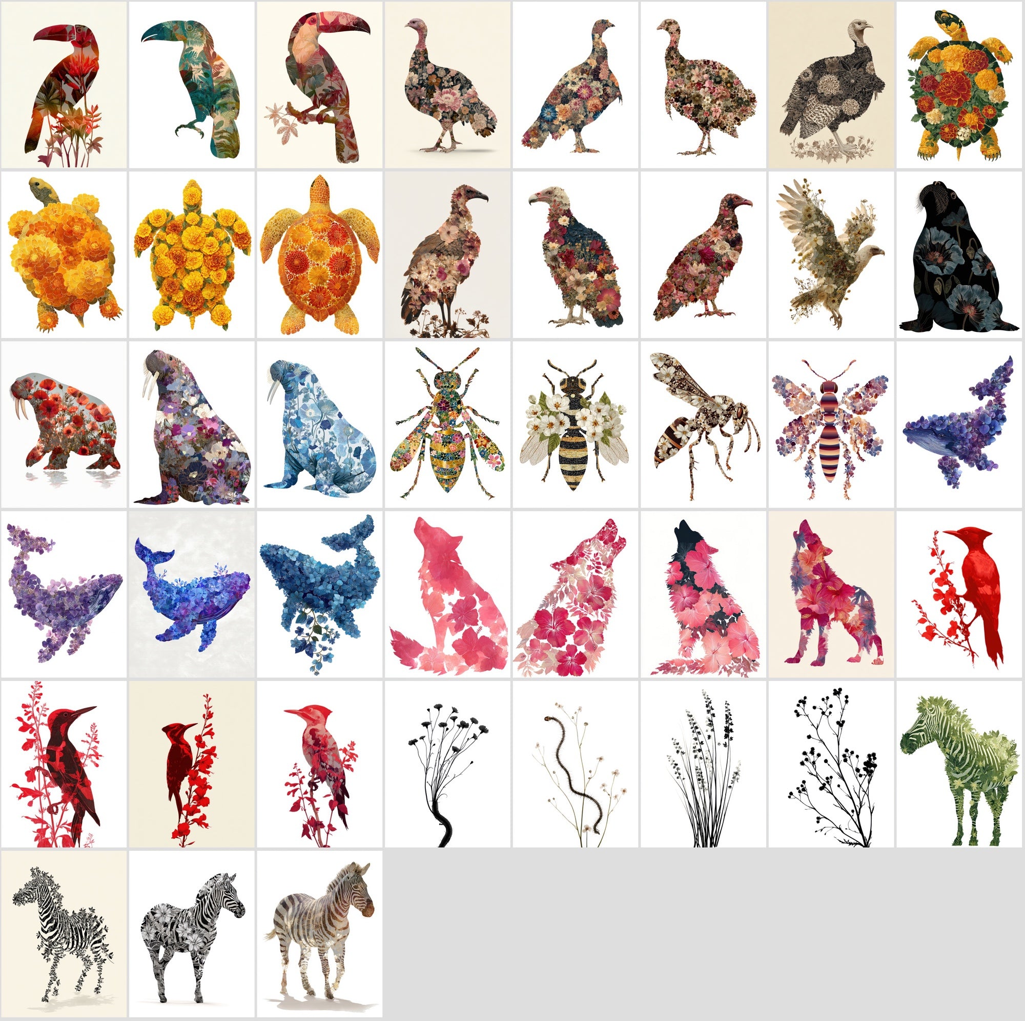 610 Floral Animal Silhouette Images – Vintage Flower Art, Commercial License