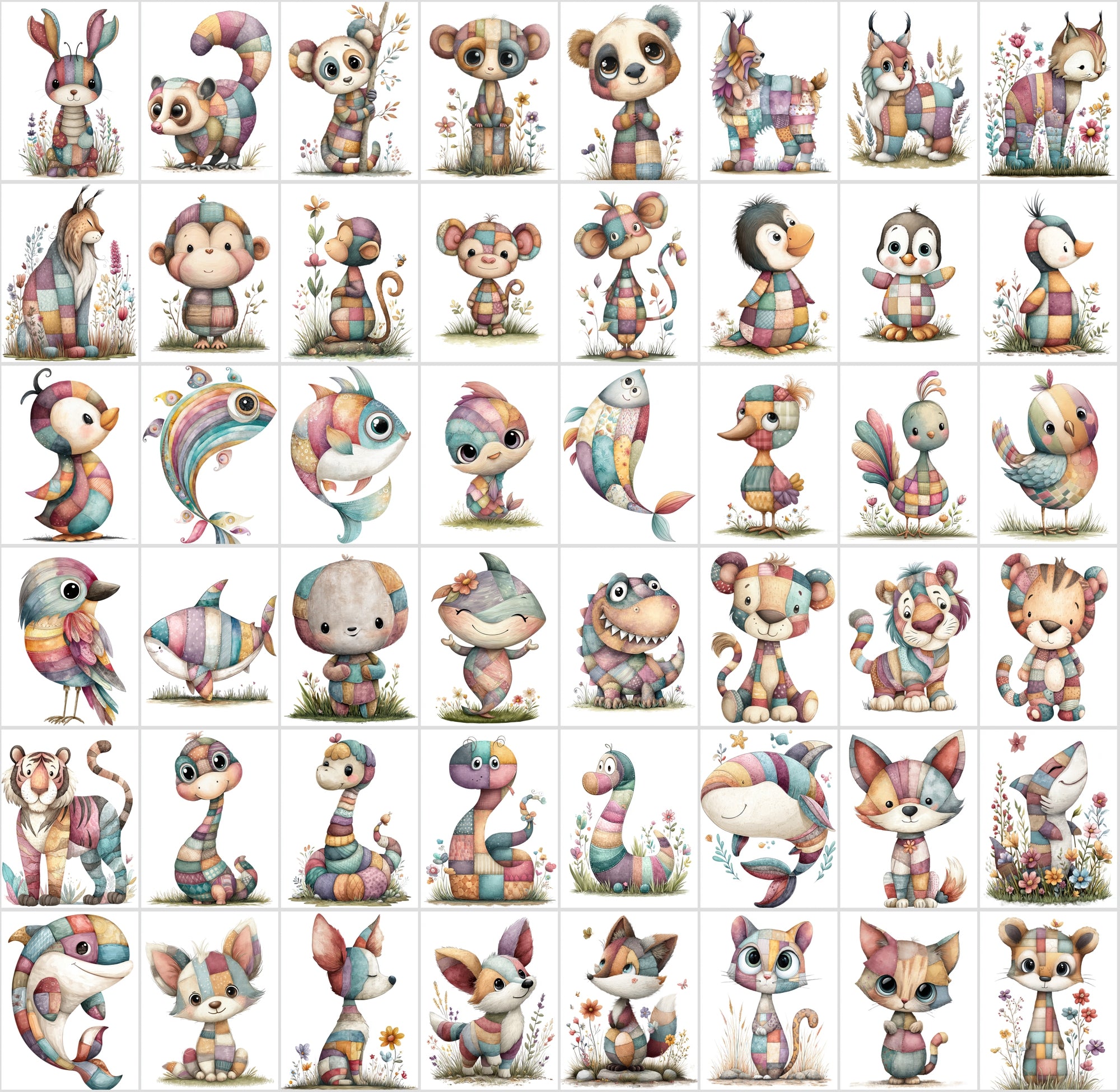 1090 Patchwork Animal Clipart Bundle – Cute Kids Book Style Animals