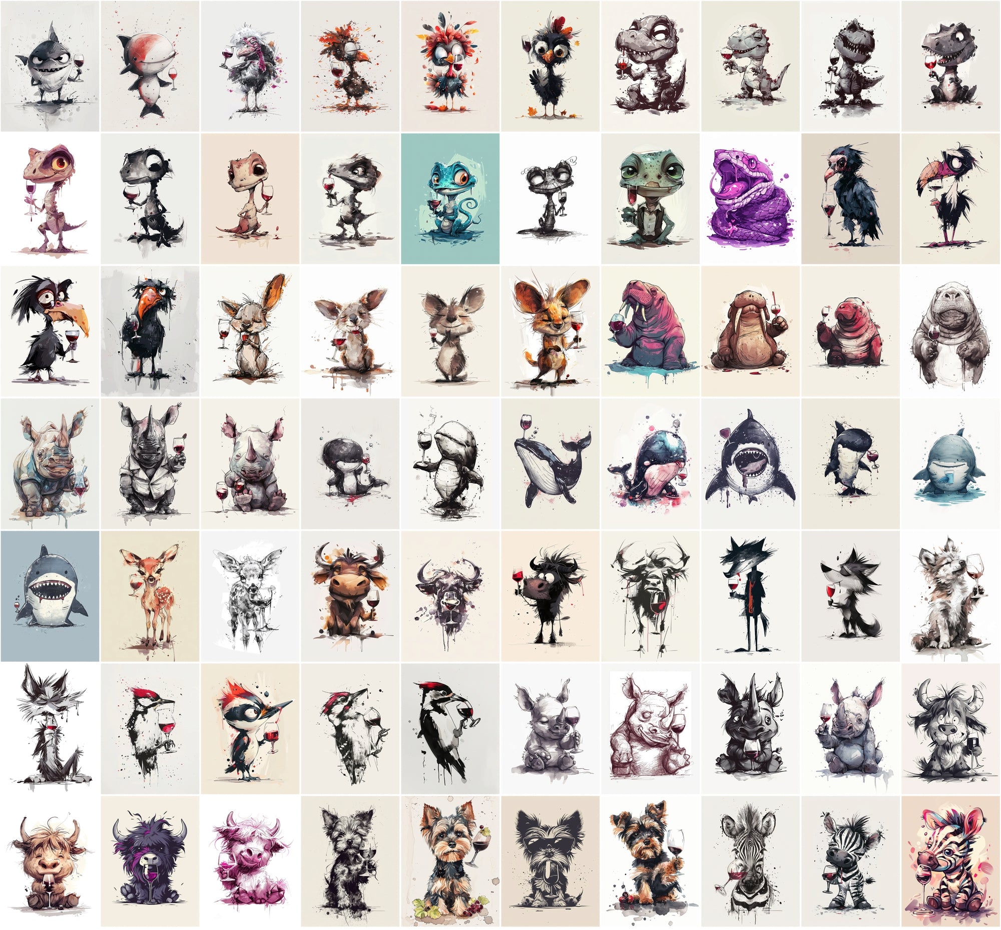980 Unique Animal Wine Art Images | Commercial Use | Perfect for Postcards & Party Decor