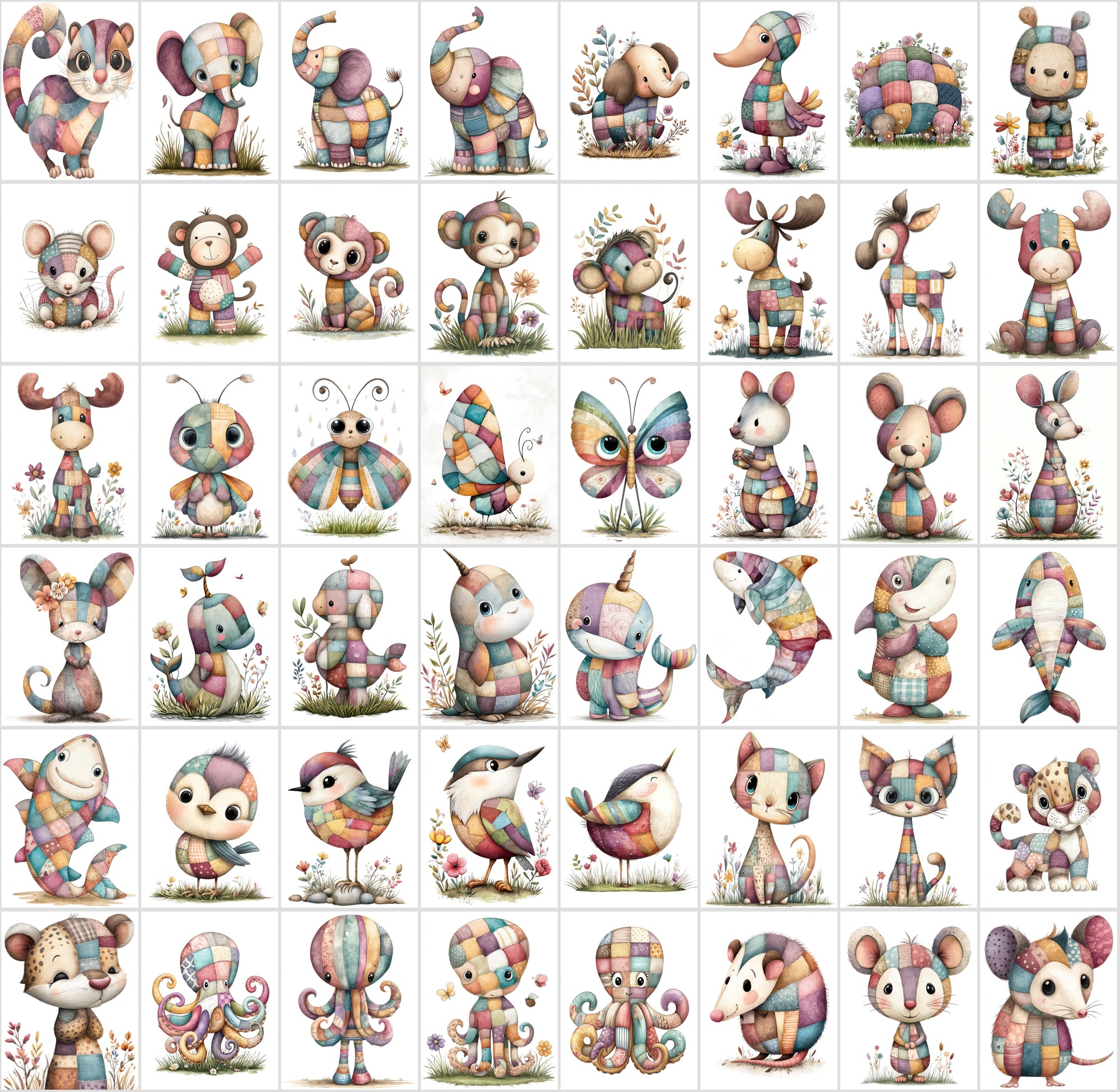 1090 Patchwork Animal Clipart Bundle – Cute Kids Book Style Animals