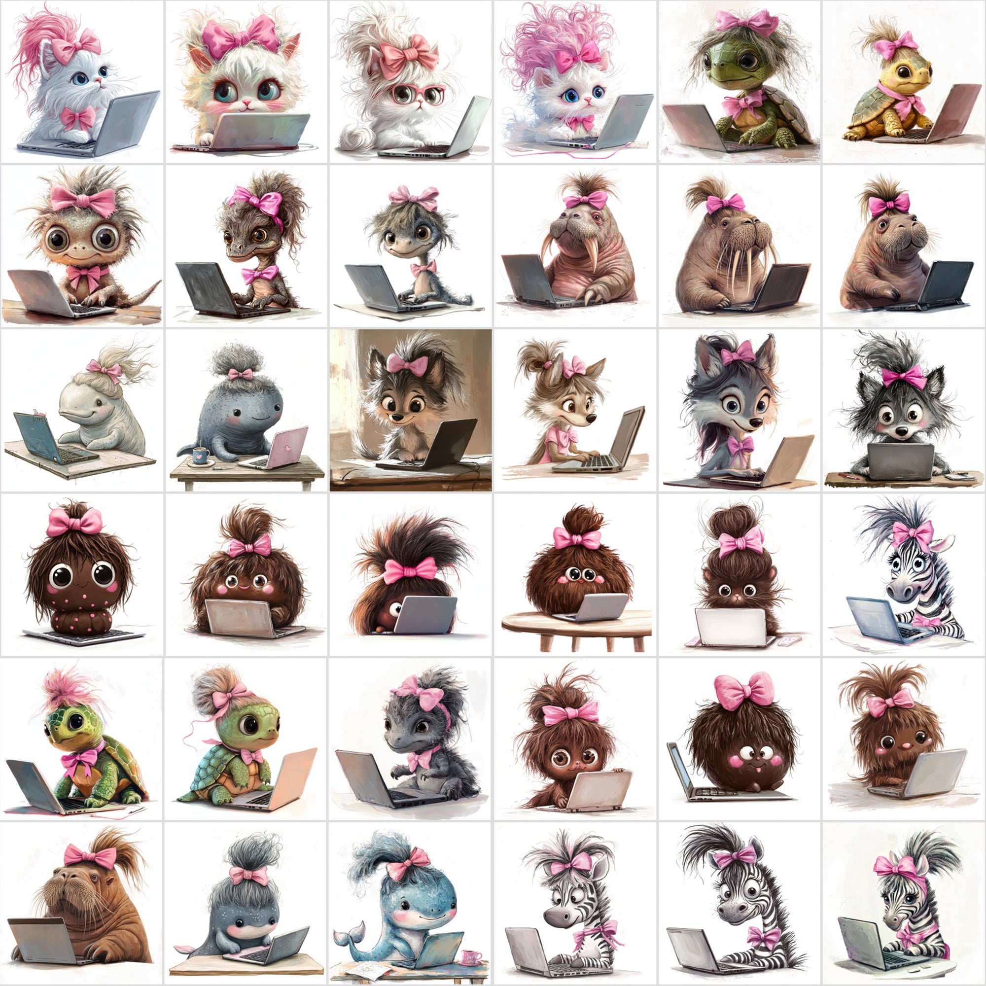 1150 Funny Hairy Animals with Pink Bows Working on Laptops