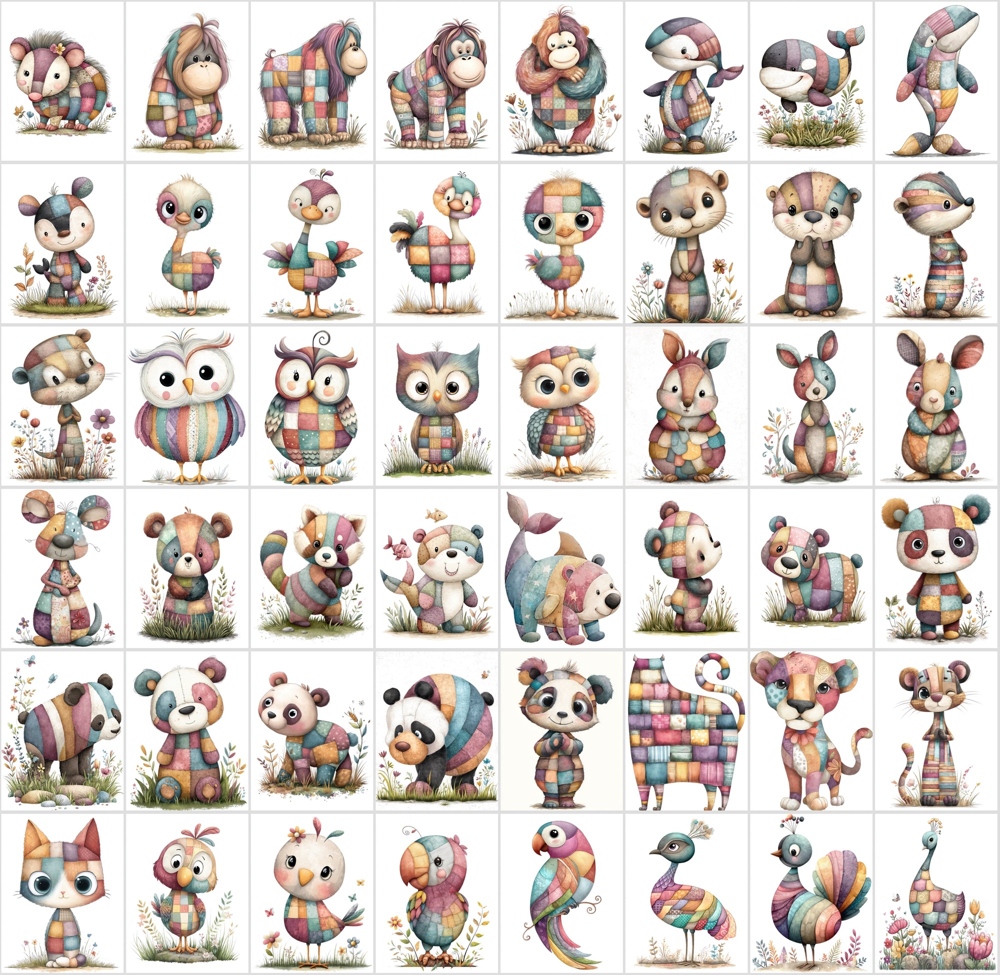 1090 Patchwork Animal Clipart Bundle – Cute Kids Book Style Animals