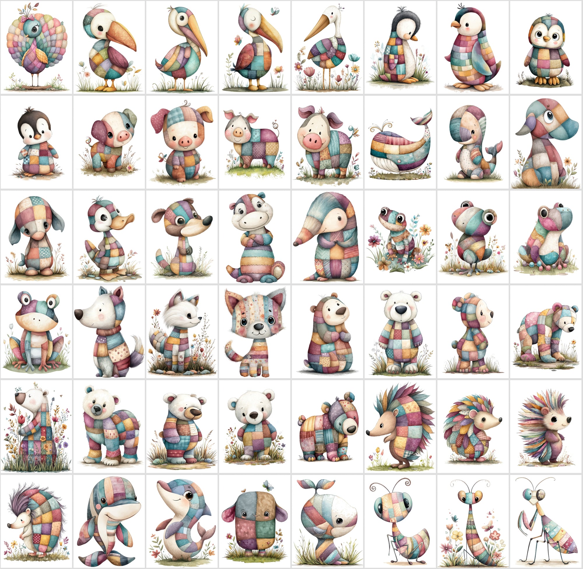 1090 Patchwork Animal Clipart Bundle – Cute Kids Book Style Animals