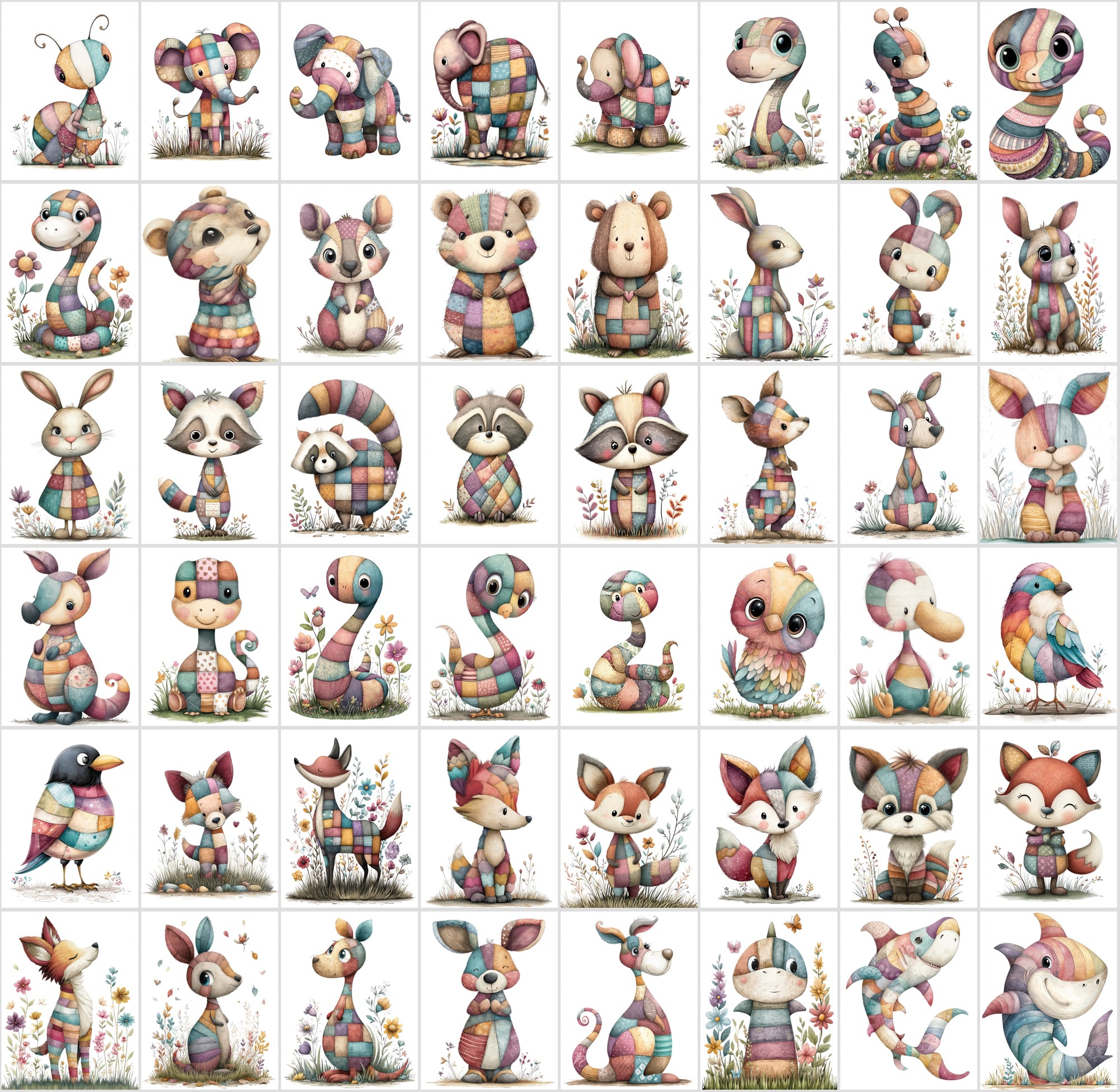 1090 Patchwork Animal Clipart Bundle – Cute Kids Book Style Animals