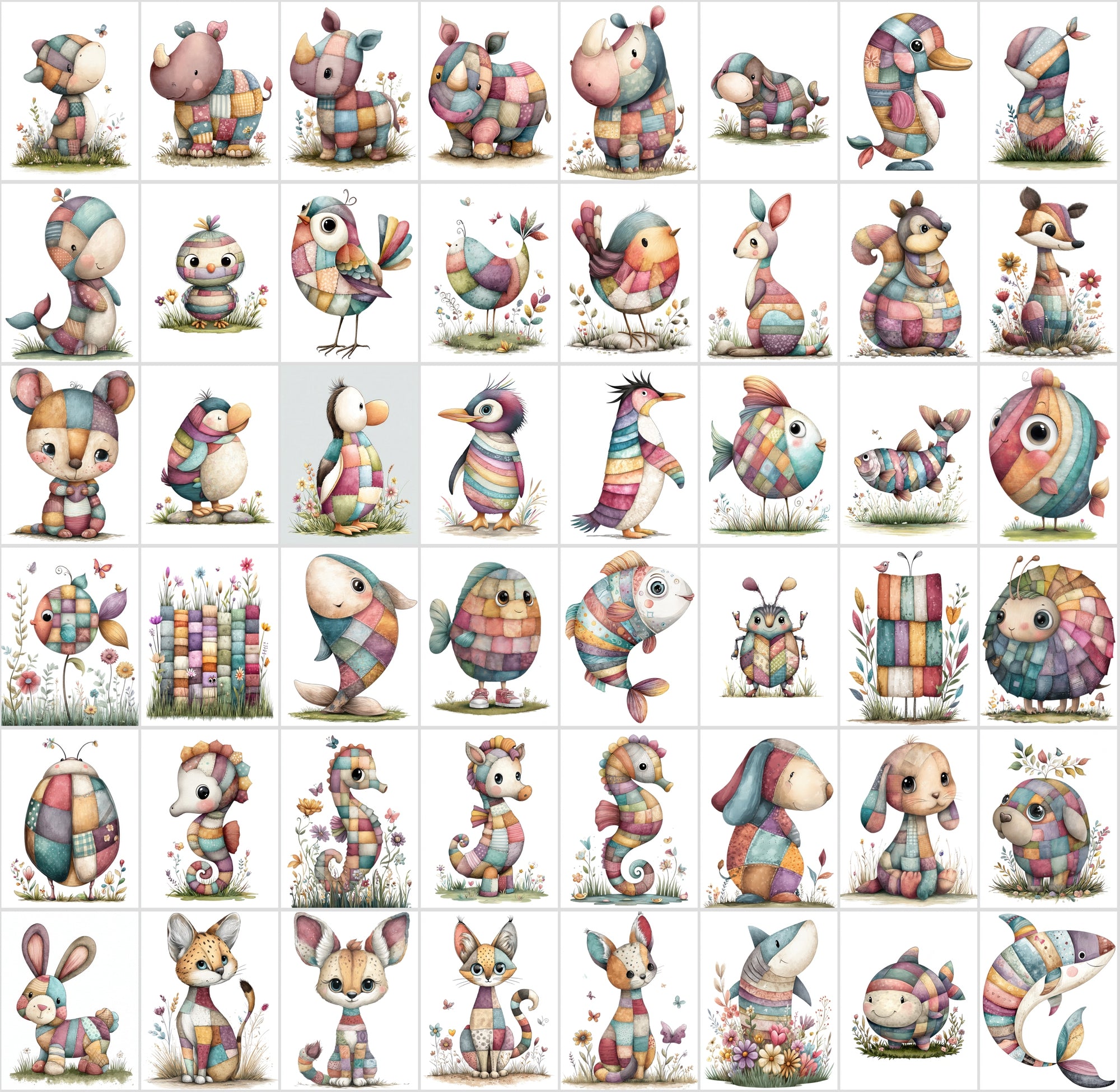 1090 Patchwork Animal Clipart Bundle – Cute Kids Book Style Animals