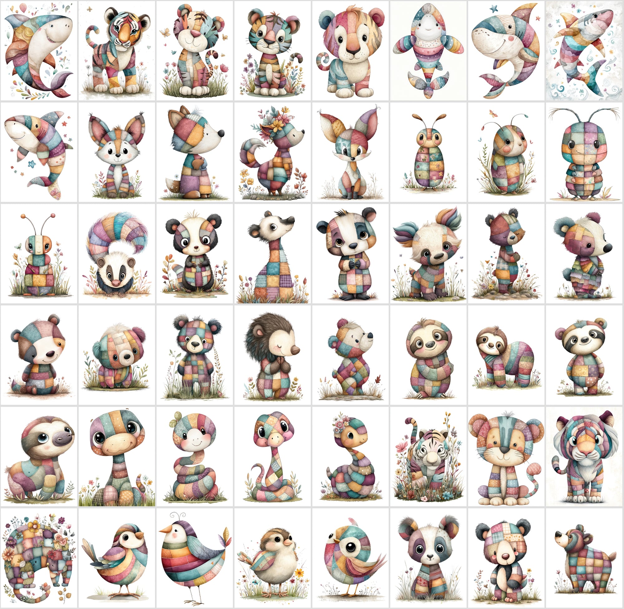 1090 Patchwork Animal Clipart Bundle – Cute Kids Book Style Animals