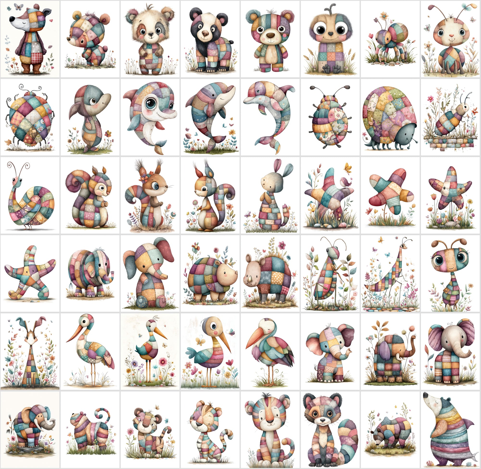 1090 Patchwork Animal Clipart Bundle – Cute Kids Book Style Animals