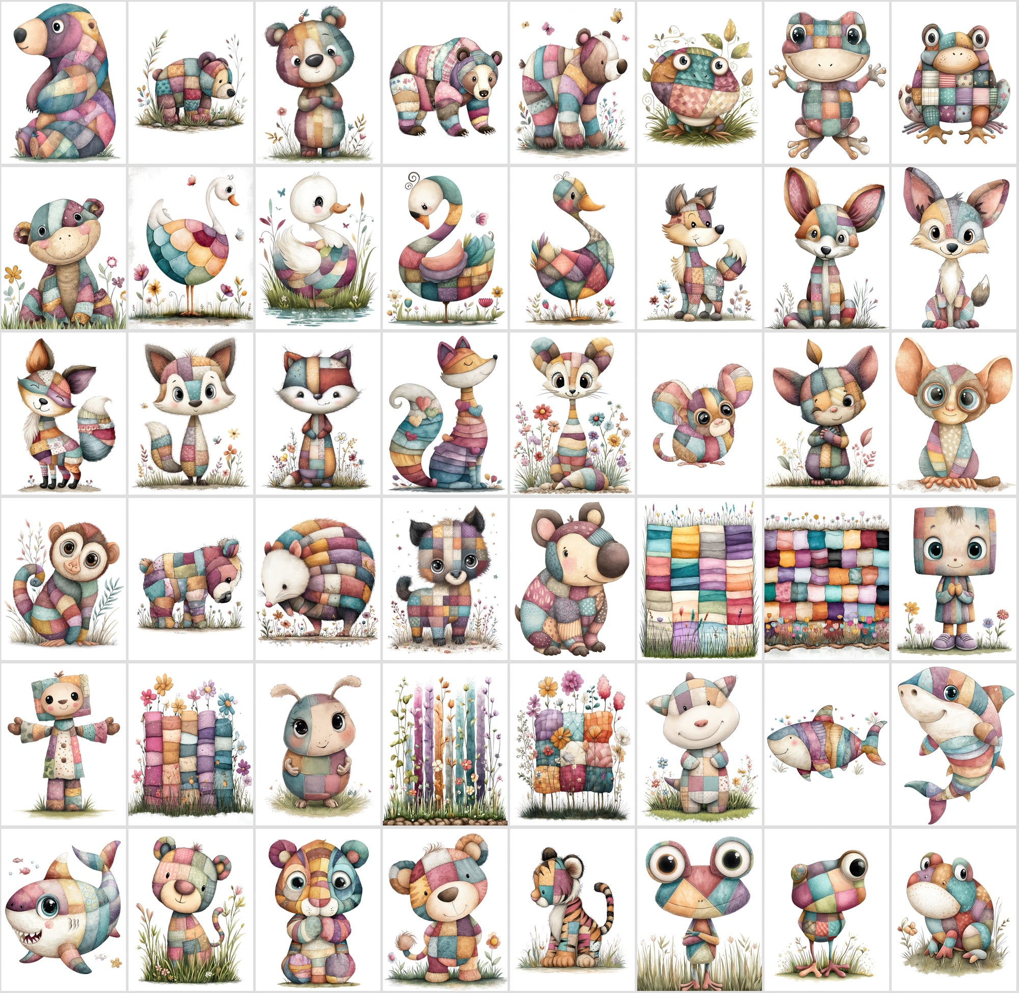 1090 Patchwork Animal Clipart Bundle – Cute Kids Book Style Animals