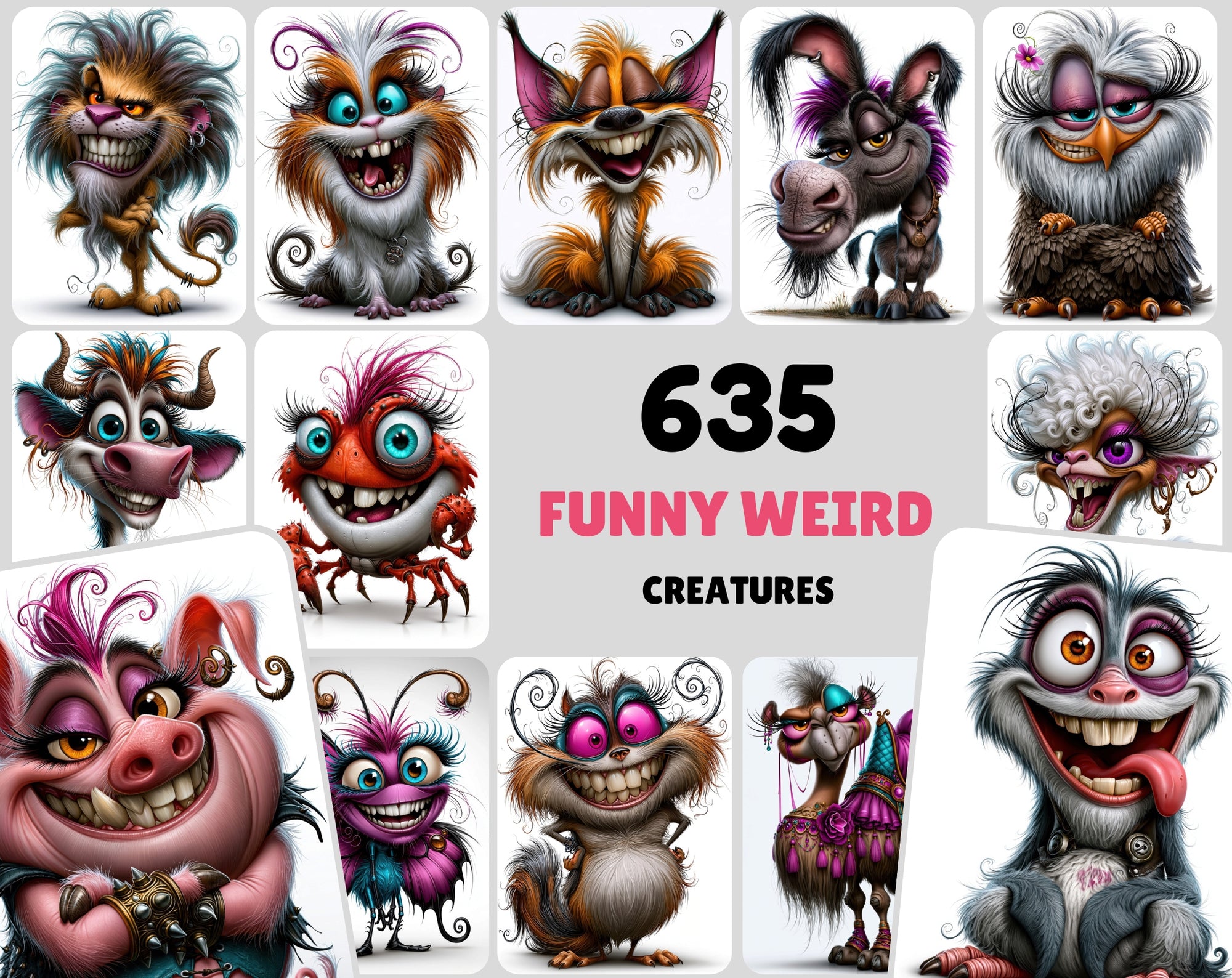 635 Quirky Animal Clipart Bundle | Funny Weird Creature Illustrations