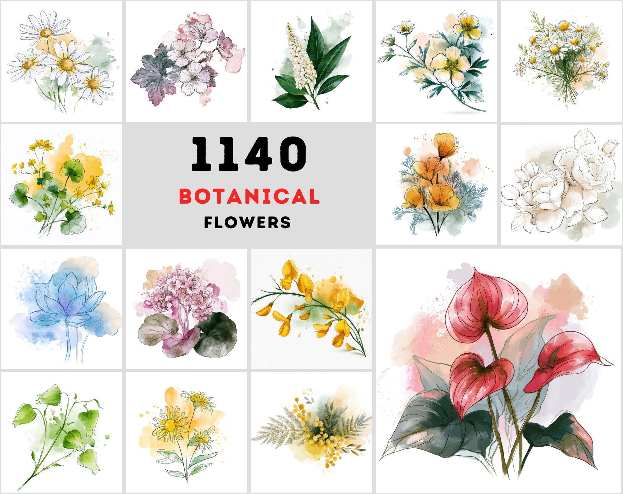 Watercolor Flower Clipart Bundle, 1140 Botanical JPG Images with Commercial License