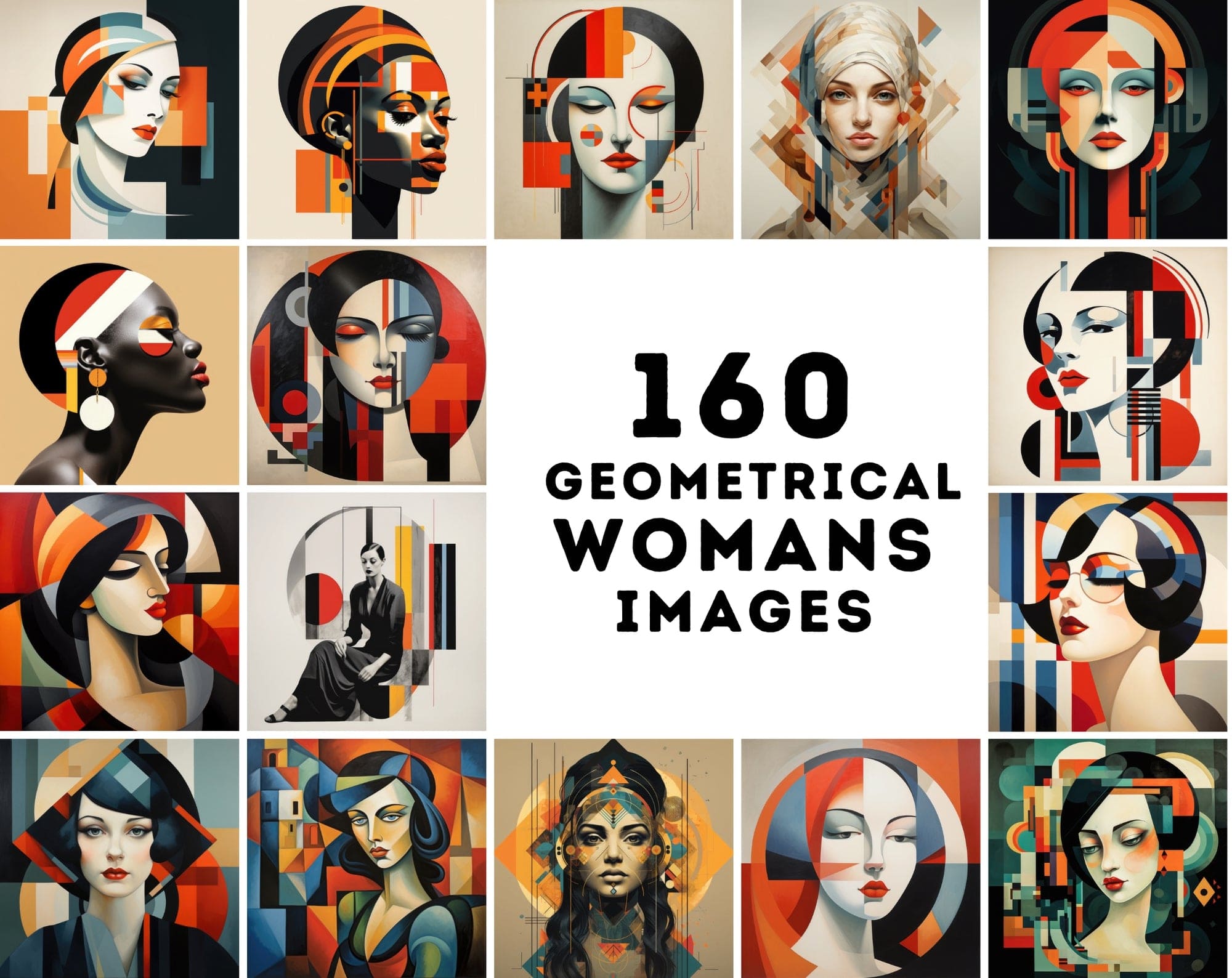 Abstract Geometric Women Portraits: Bauhaus-Style, Cubist, & Graphic Illustrations – Commercial License Digital Download Sumobundle