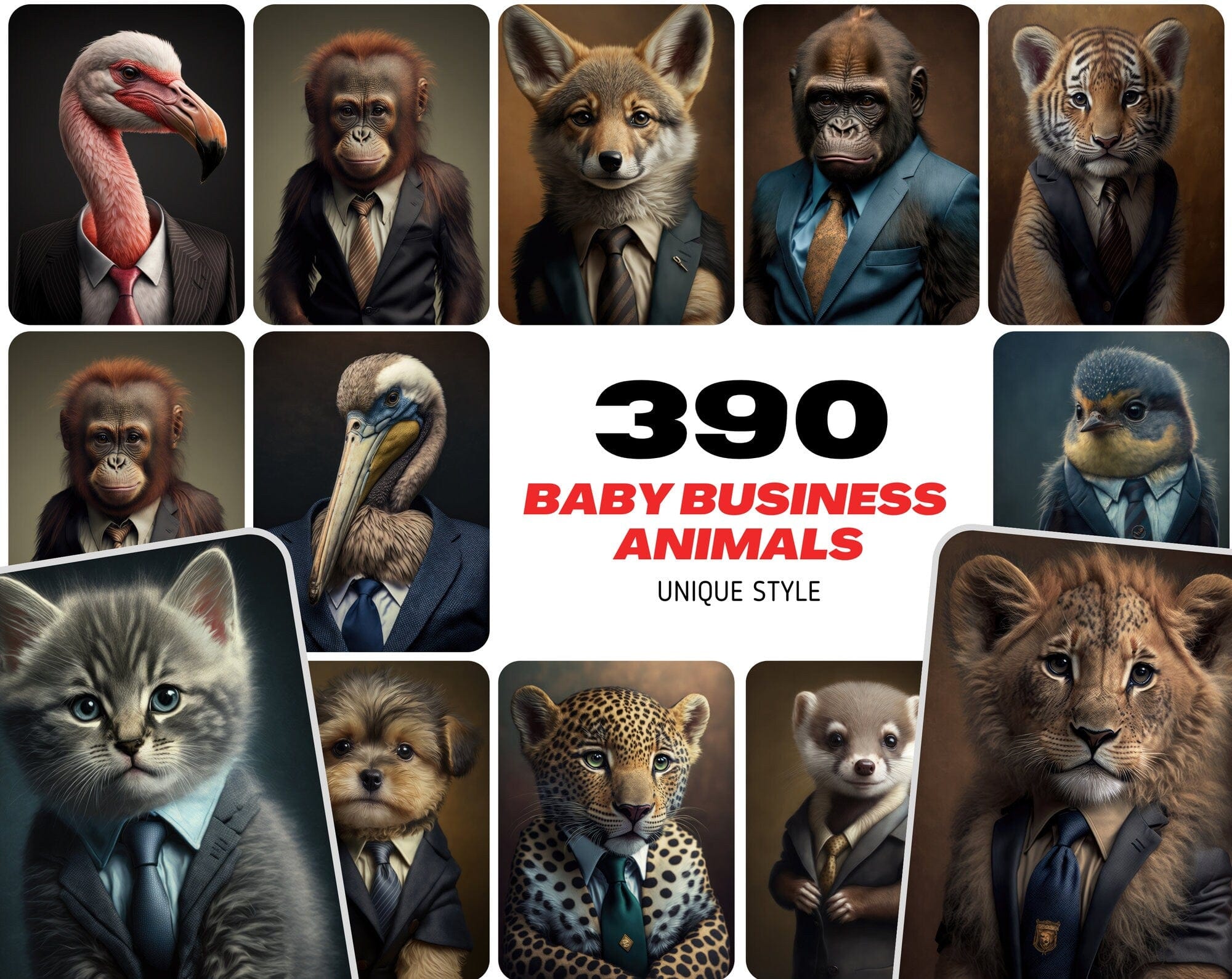 Adorable Baby Animals in Business Suits - 390 Whimsical Illustrations with Funny Designs and Charming Drawings, Perfect for Clipart and More Digital Download Sumobundle