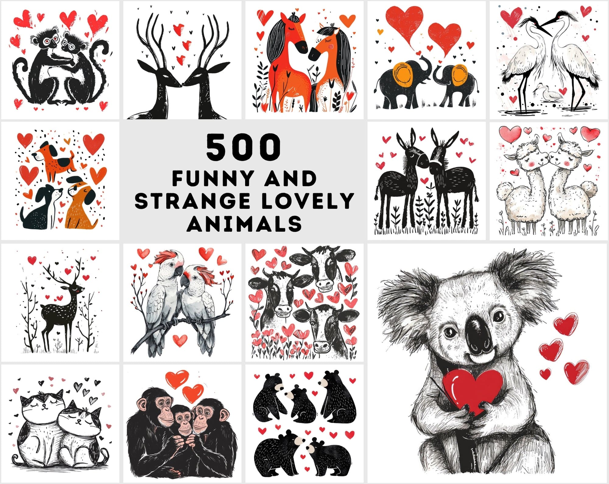 Animal and Heart Illustrations - Unique, Funny Digital Art with Commercial License Digital Download Sumobundle