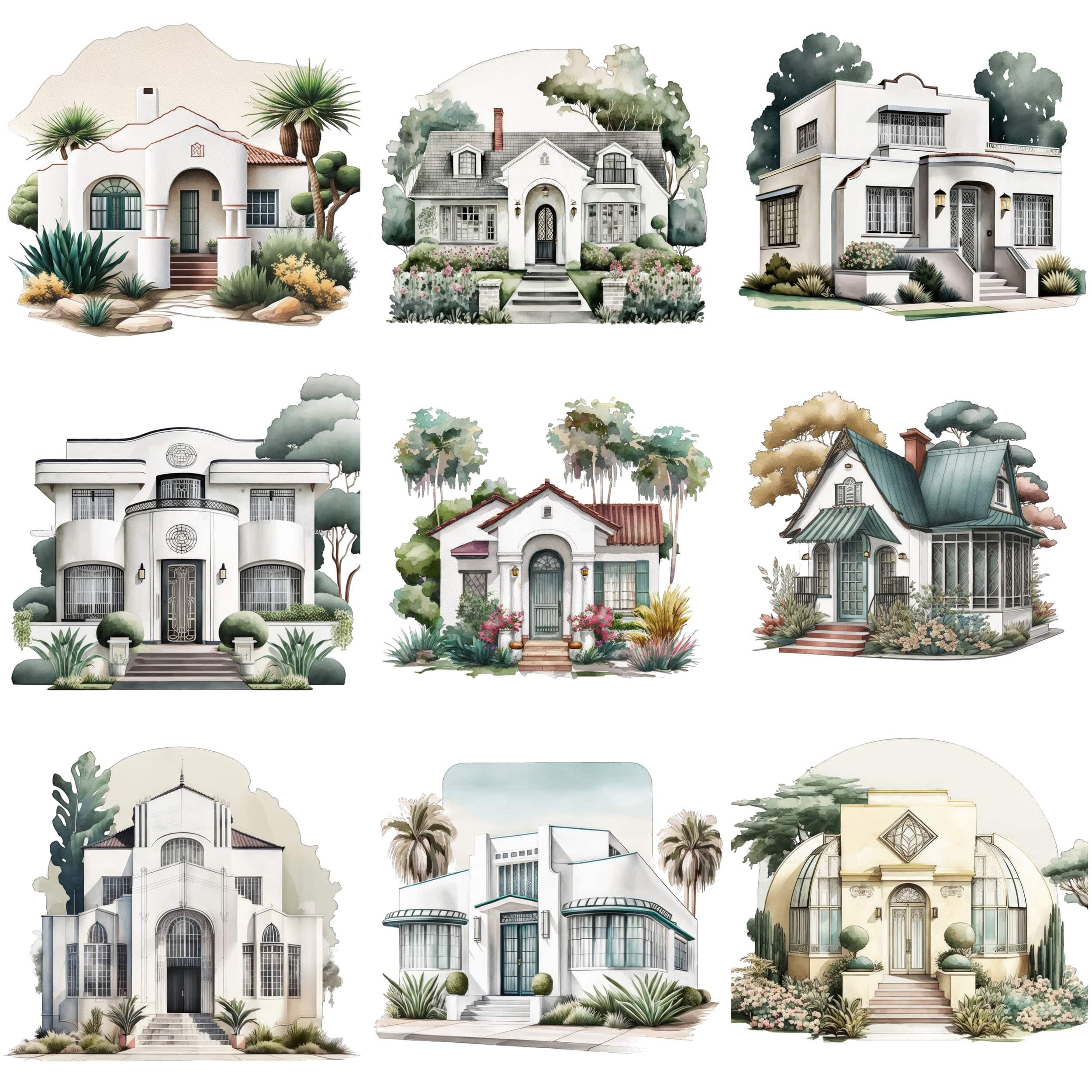 Art Deco House Bundle - 65 Vintage Home & Cottage Illustrations, Instant Download, Digital Prints, Architecture Wall Art Collection Digital Download Sumobundle