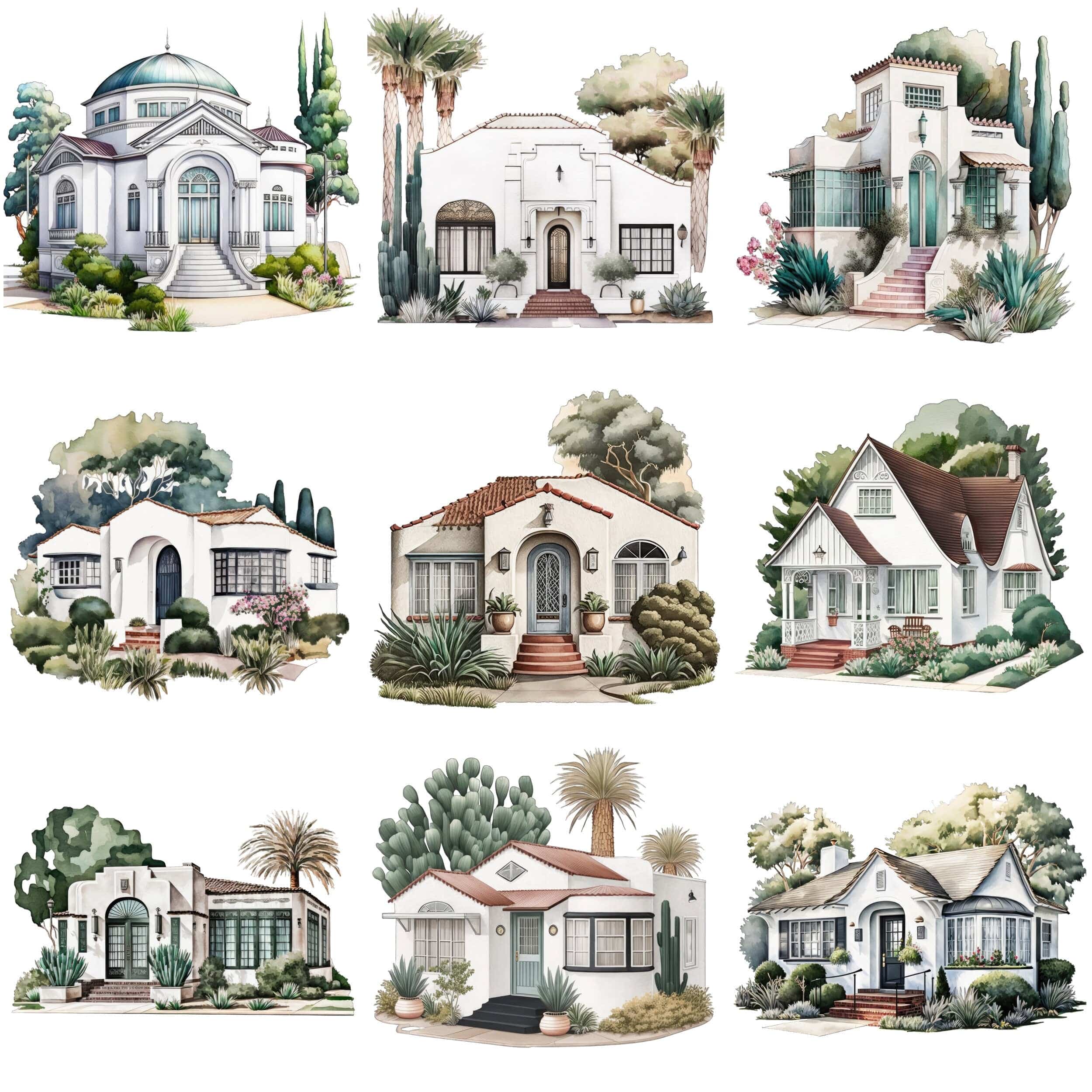 Art Deco House Bundle - 65 Vintage Home & Cottage Illustrations, Instant Download, Digital Prints, Architecture Wall Art Collection Digital Download Sumobundle