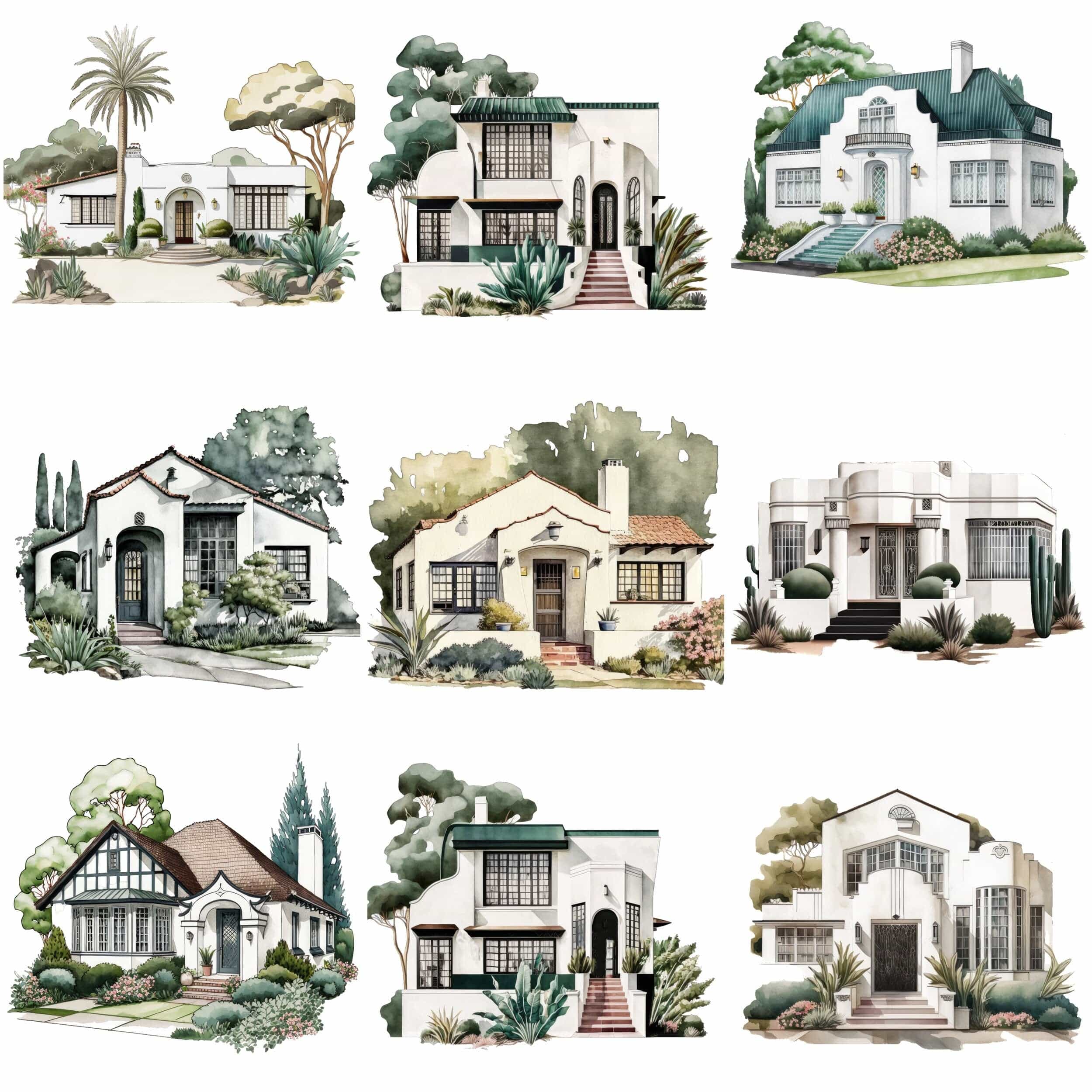 Art Deco House Bundle - 65 Vintage Home & Cottage Illustrations, Instant Download, Digital Prints, Architecture Wall Art Collection Digital Download Sumobundle