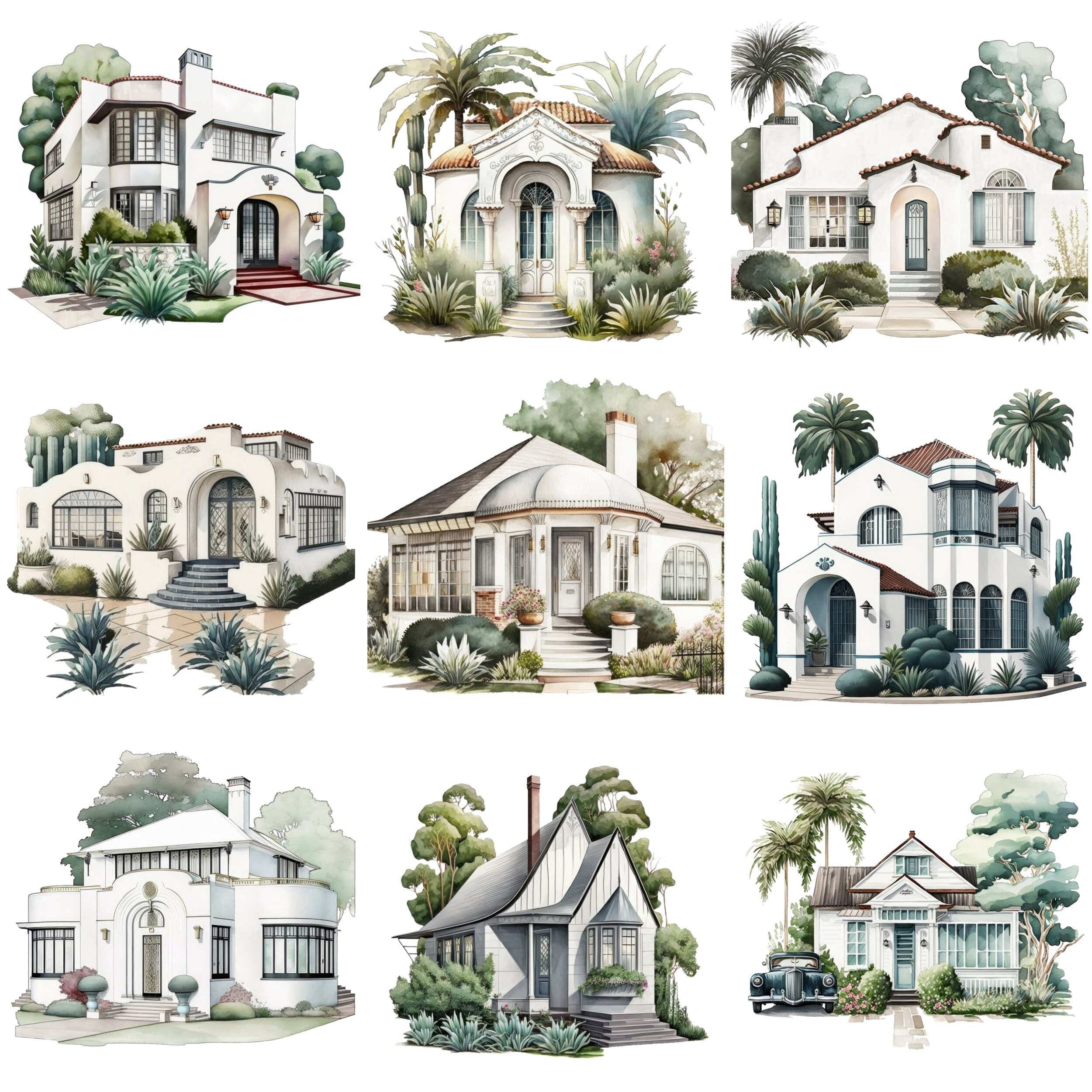 Art Deco House Bundle - 65 Vintage Home & Cottage Illustrations, Instant Download, Digital Prints, Architecture Wall Art Collection Digital Download Sumobundle