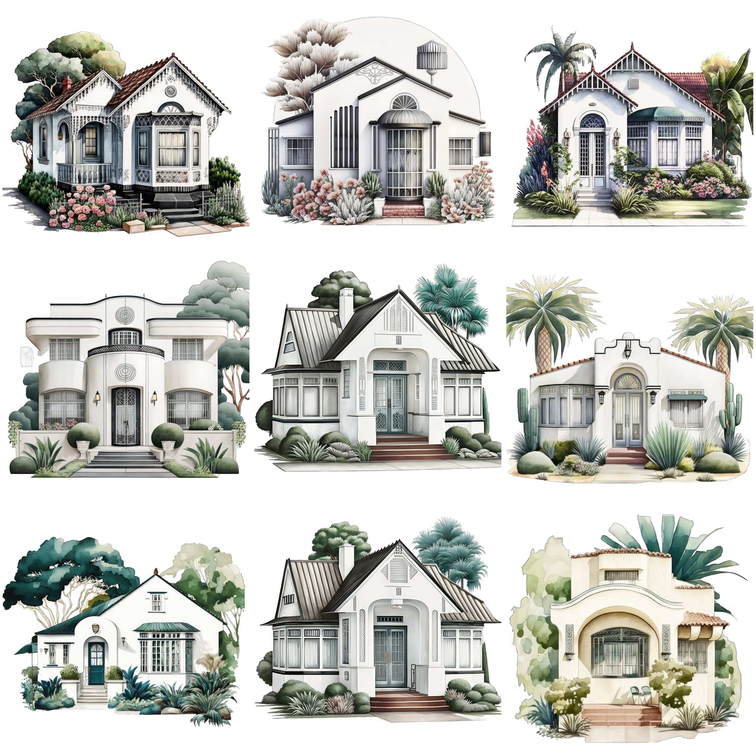Art Deco House Bundle - 65 Vintage Home & Cottage Illustrations, Instant Download, Digital Prints, Architecture Wall Art Collection Digital Download Sumobundle