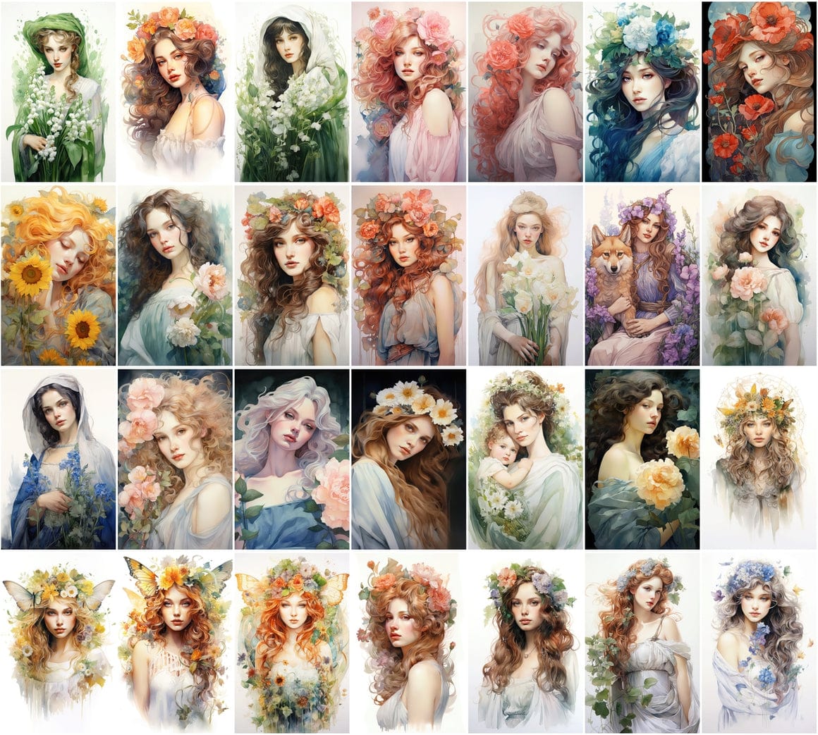 Art Nouveau Woman Images, 220 PNGs, Watercolor Style, Commercial License Included Digital Download Sumobundle