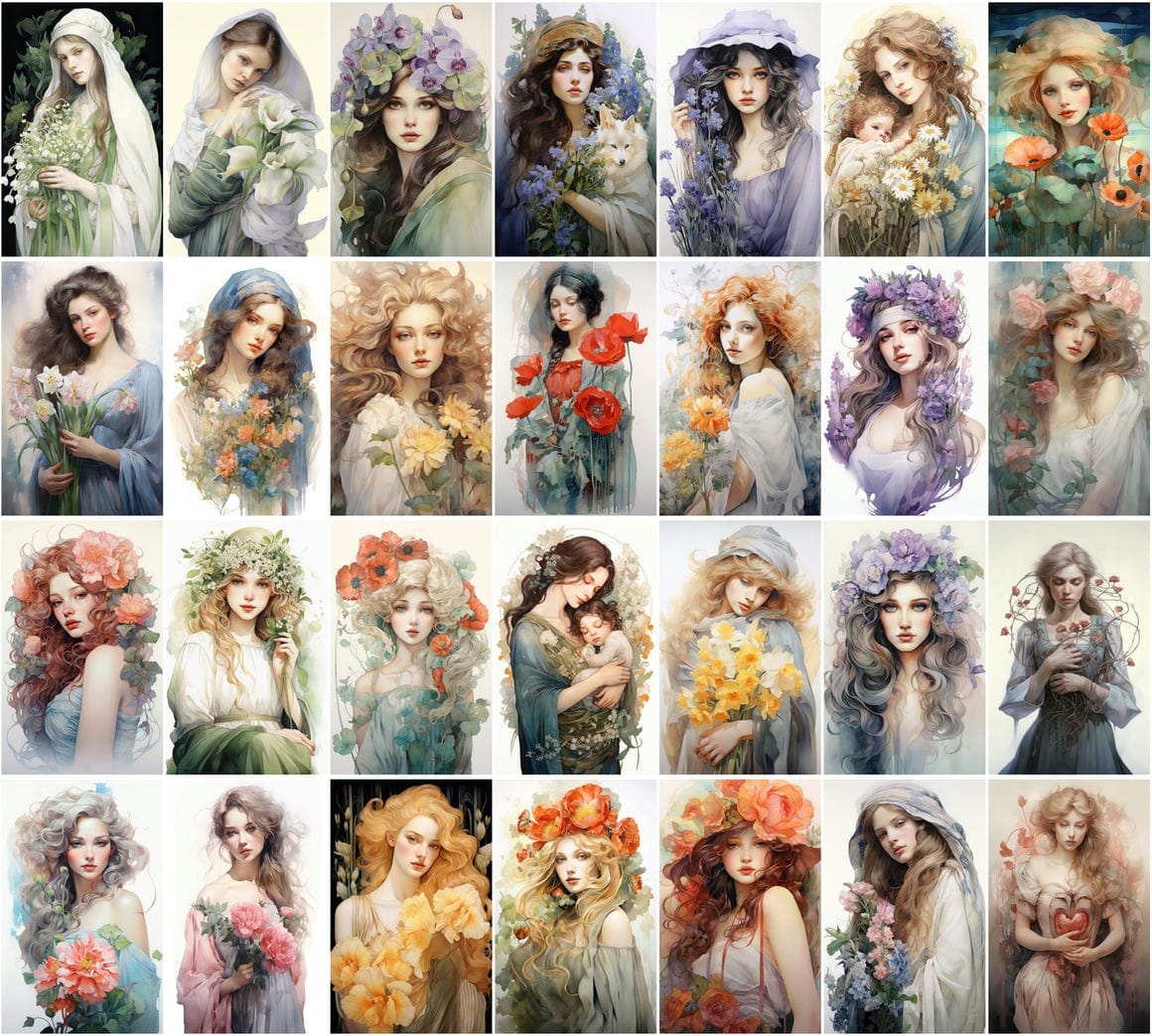 Art Nouveau Woman Images, 220 PNGs, Watercolor Style, Commercial License Included Digital Download Sumobundle
